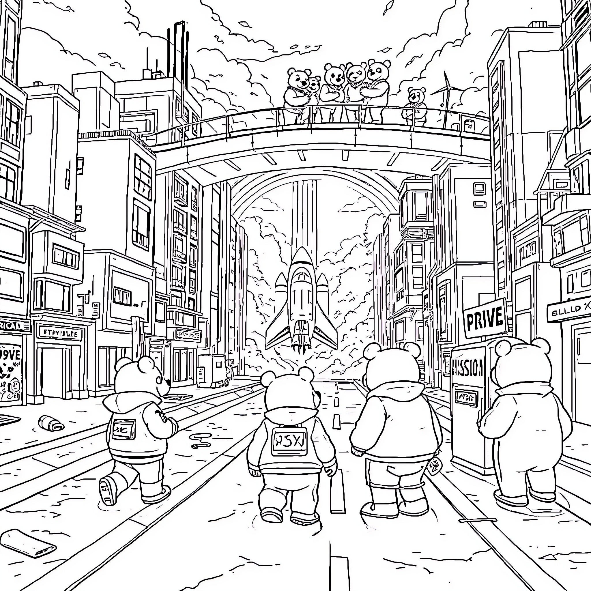 Bear family exploring the futuristic city landscape Coloring Page (free black-and-white line drawing printable PDF for all, from beginners to advanced learners, including children, teens, adults, and seniors)