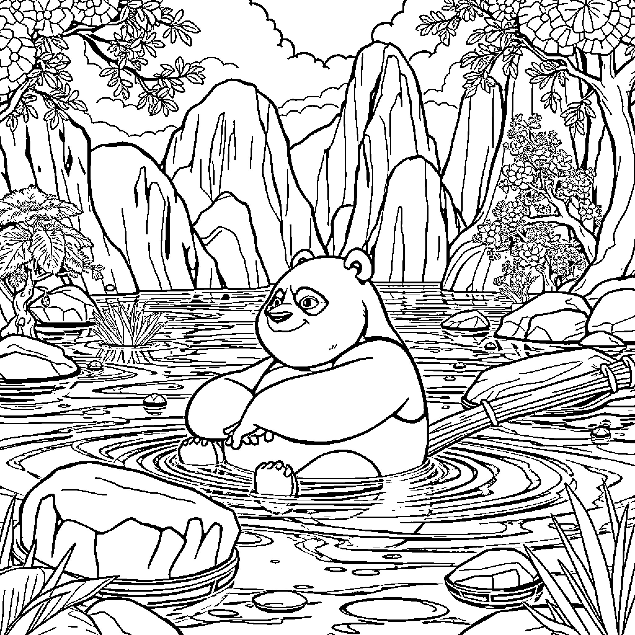 Kung Fu Panda relaxing in the serene forest lake Coloring Page (free black-and-white line drawing printable PDF for all, from beginners to advanced learners, including children, teens, adults, and seniors)