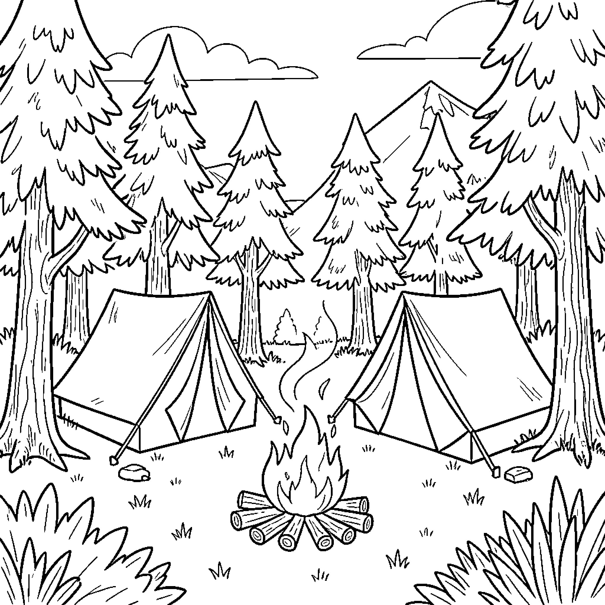 Camping tents set up by a cozy campfire Coloring Page (free black-and-white line drawing printable PDF for all, from beginners to advanced learners, including children, teens, adults, and seniors)