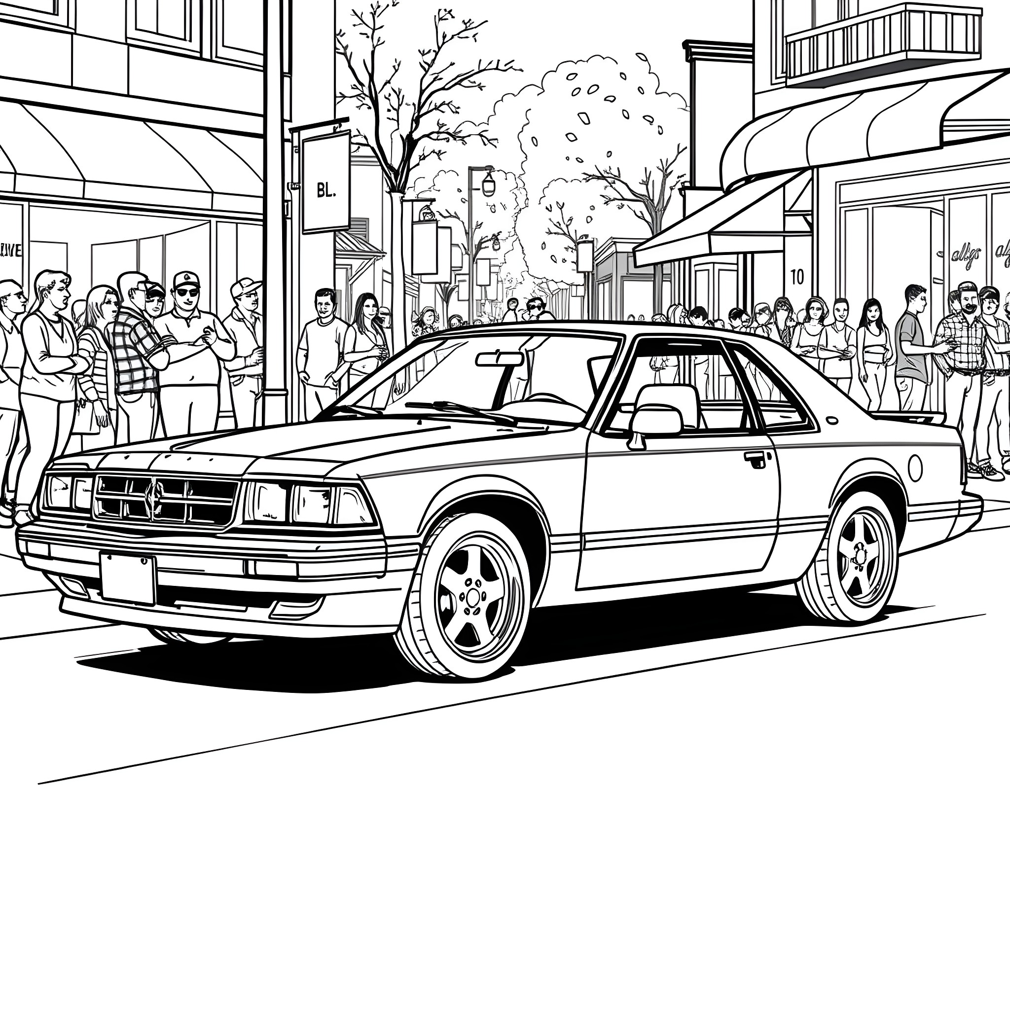 Dodge sports car cruising through city street Coloring Page (free black-and-white line drawing printable PDF for all, from beginners to advanced learners, including children, teens, adults, and seniors)