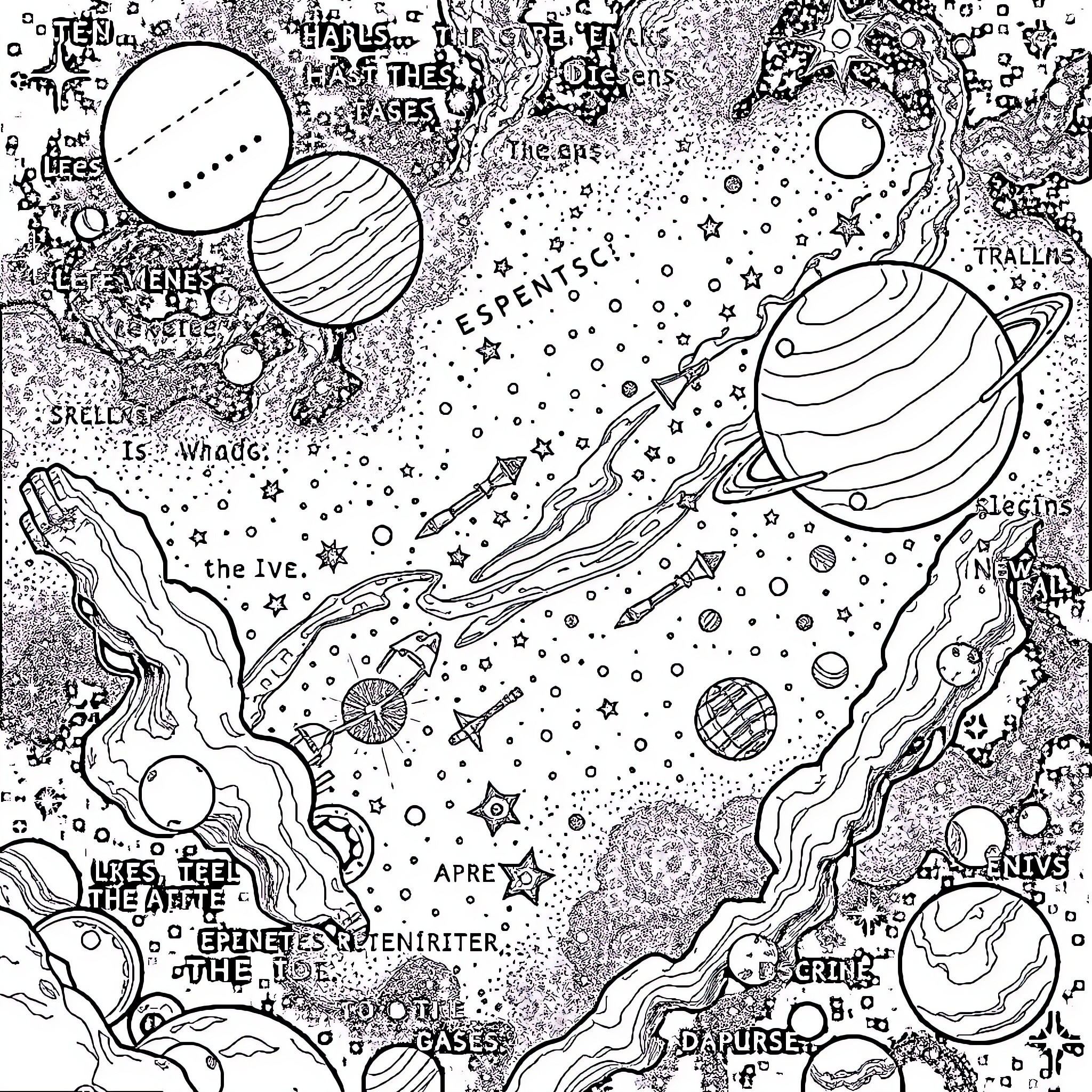Bible's Cosmic Landscape of Celestial Bodies Coloring Page (free black-and-white line drawing printable PDF for all, from beginners to advanced learners, including children, teens, adults, and seniors)