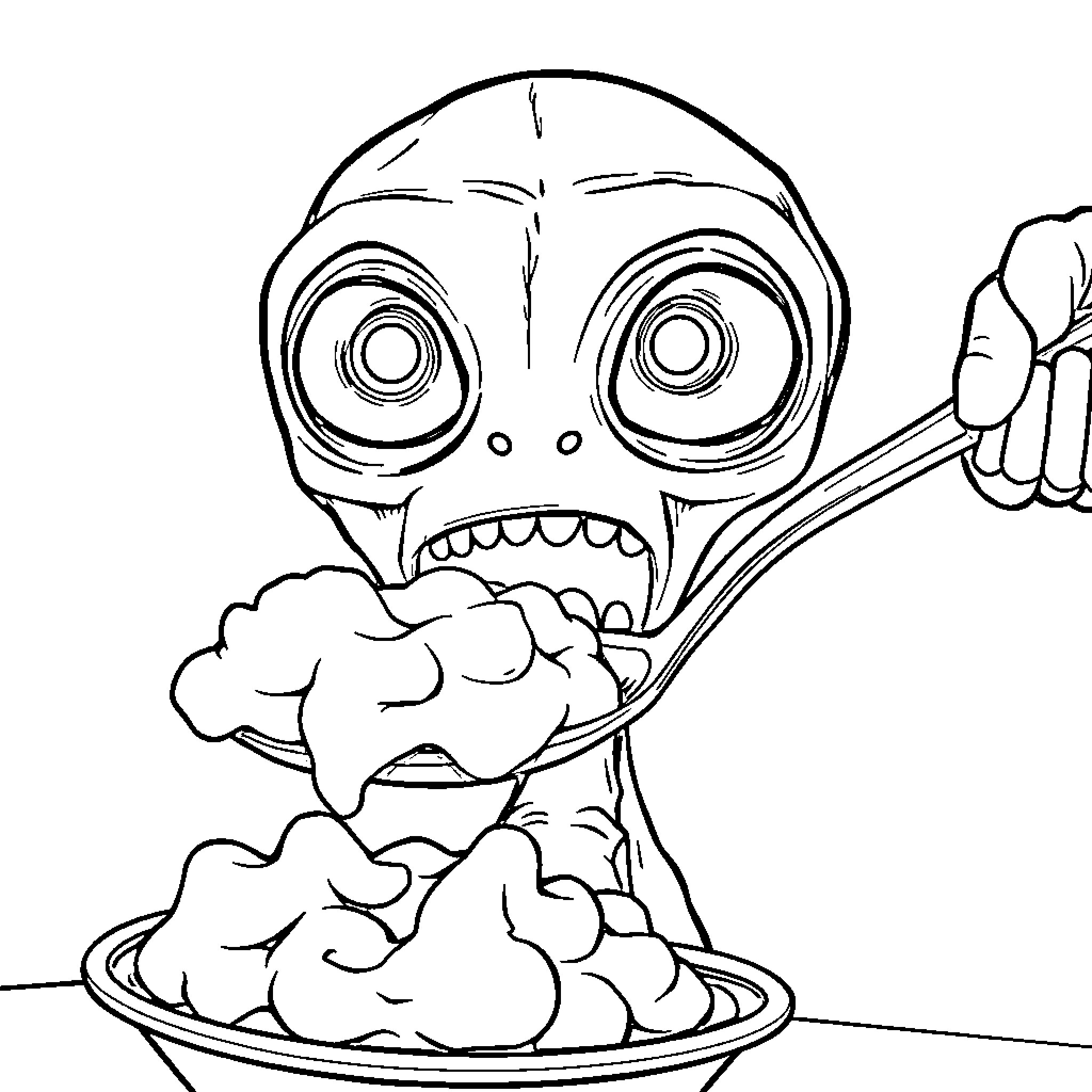 Alien Creature Eating Distorted Food Coloring Page (free black-and-white line drawing printable PDF for all, from beginners to advanced learners, including children, teens, adults, and seniors)