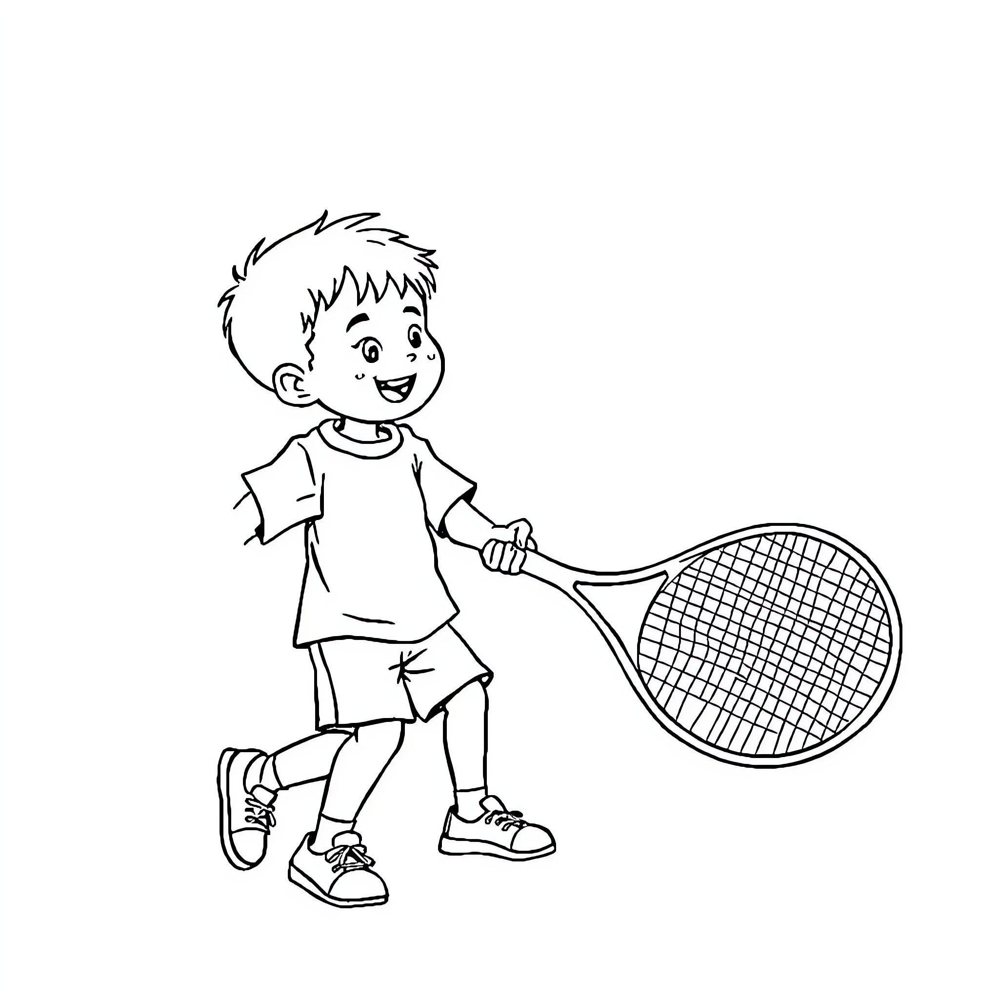 Child playing with tennis racket happily Coloring Page (free black-and-white line drawing printable PDF for all, from beginners to advanced learners, including children, teens, adults, and seniors)