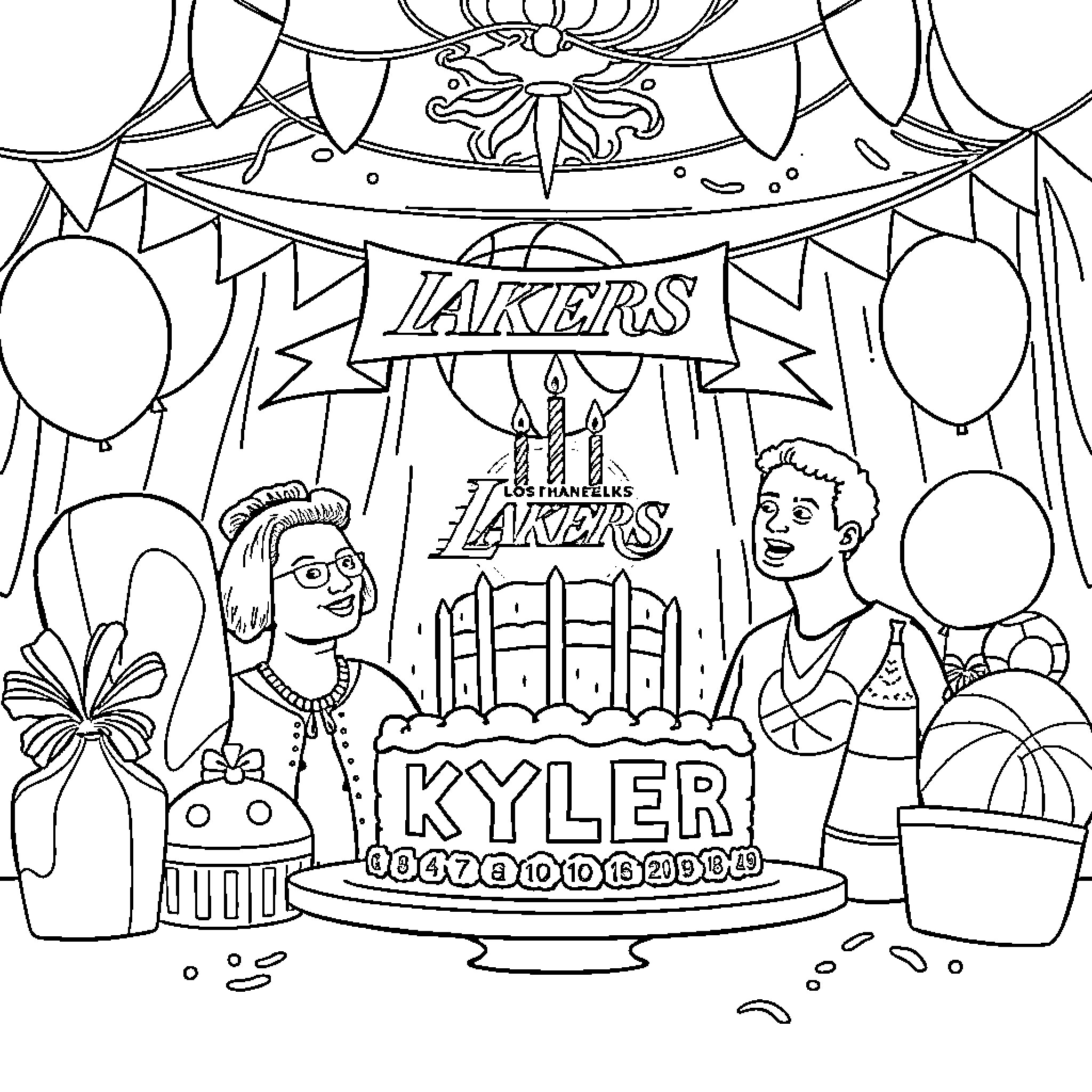Los Angeles Lakers fans celebrating birthday with cake and decorations Coloring Page (free black-and-white line drawing printable PDF for all, from beginners to advanced learners, including children, teens, adults, and seniors)