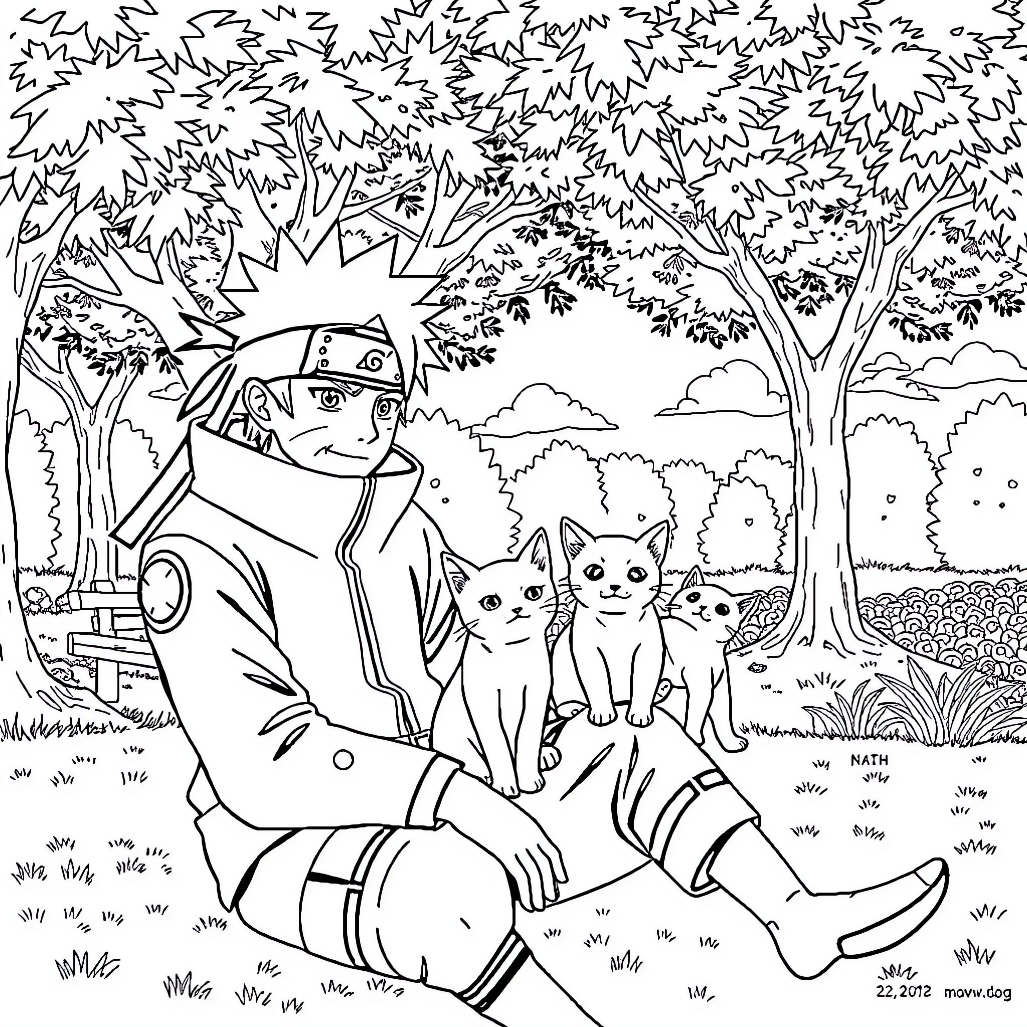 Naruto and his animal companions in the forest Coloring Page (free black-and-white line drawing printable PDF for all, from beginners to advanced learners, including children, teens, adults, and seniors)