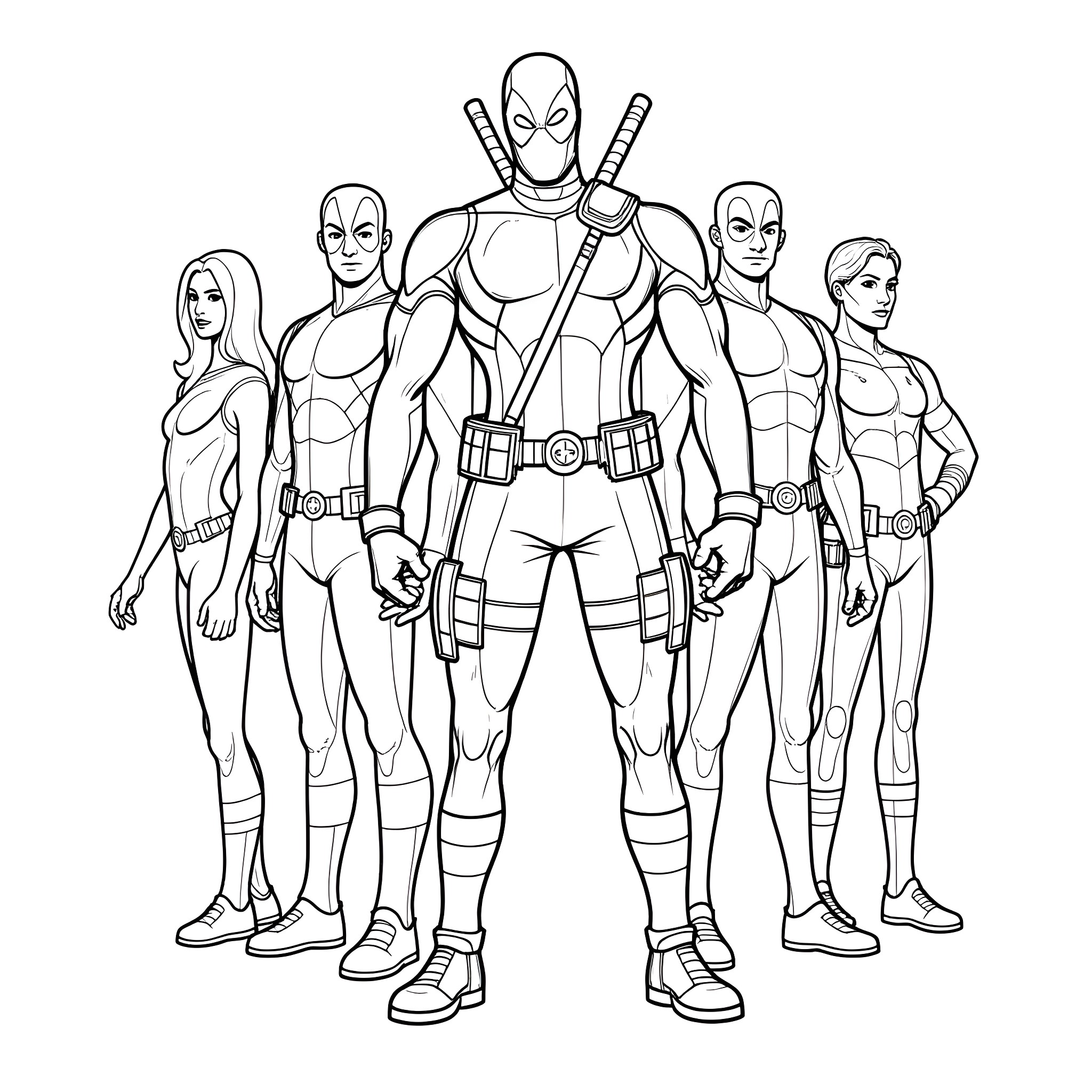 Deadpool and his team of superheroes in action Coloring Page (free black-and-white line drawing printable PDF for all, from beginners to advanced learners, including children, teens, adults, and seniors)