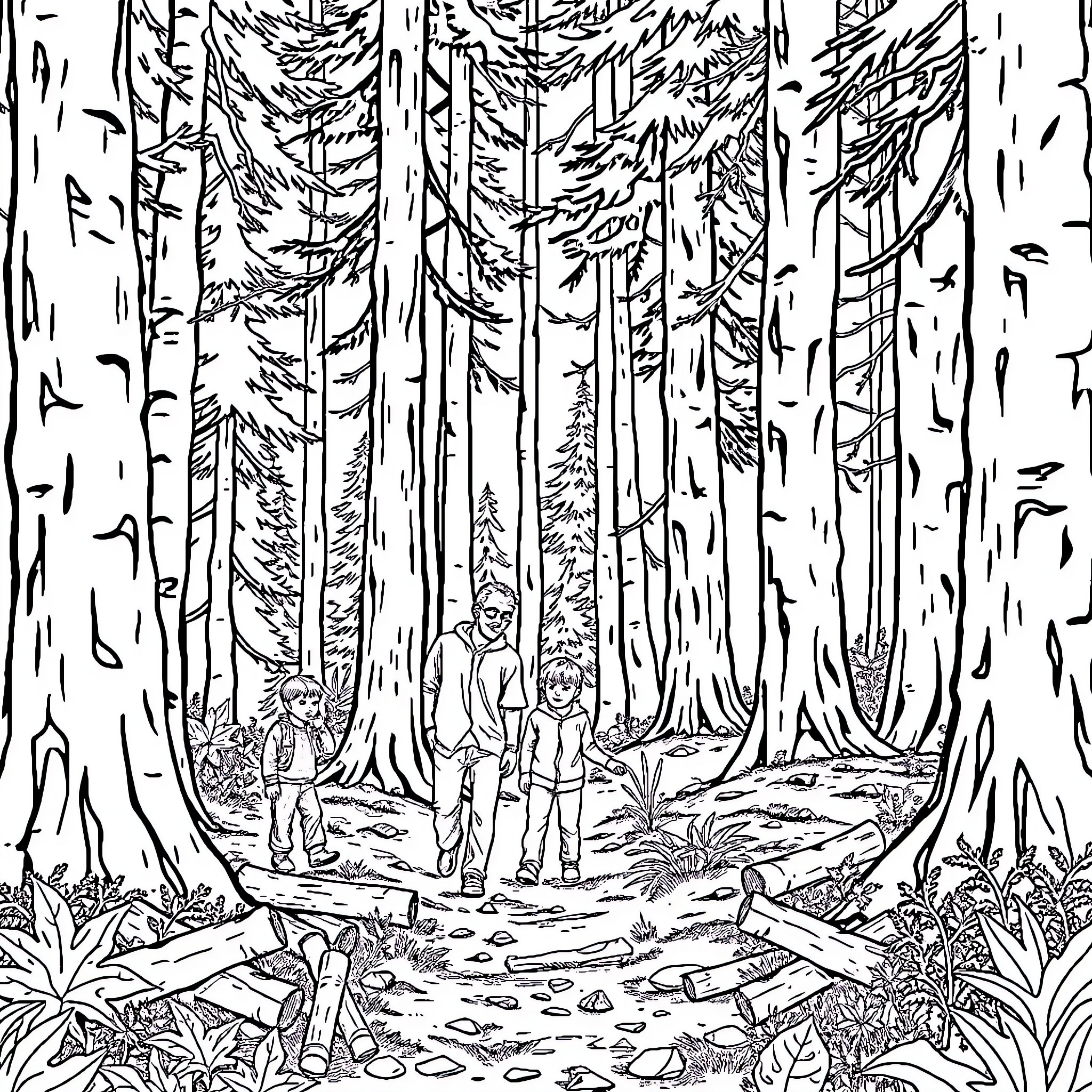 Dad and kids exploring the enchanting forest Coloring Page (free black-and-white line drawing printable PDF for all, from beginners to advanced learners, including children, teens, adults, and seniors)