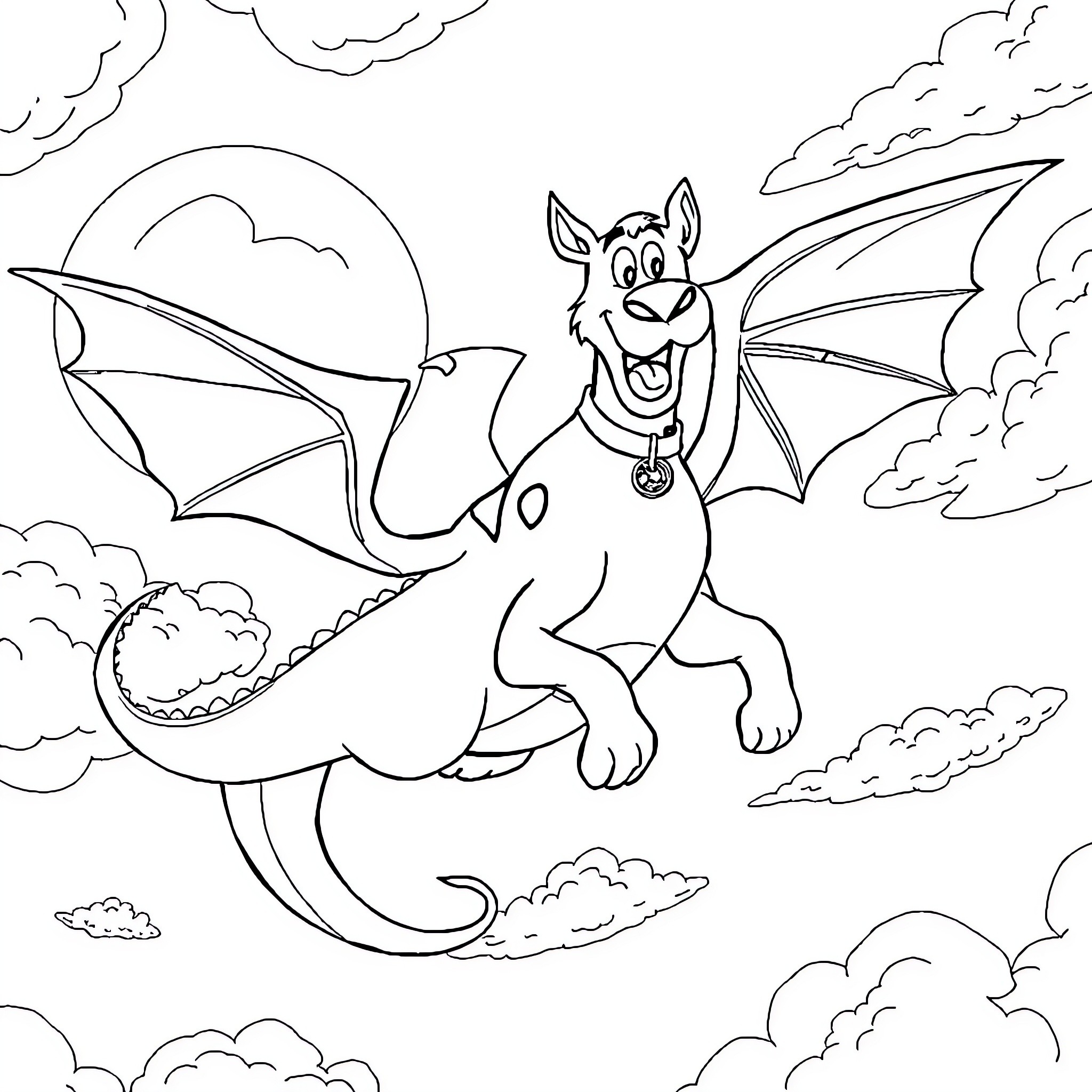 Scooby Doo flying happily in the cloudy sky Coloring Page (free black-and-white line drawing printable PDF for all, from beginners to advanced learners, including children, teens, adults, and seniors)