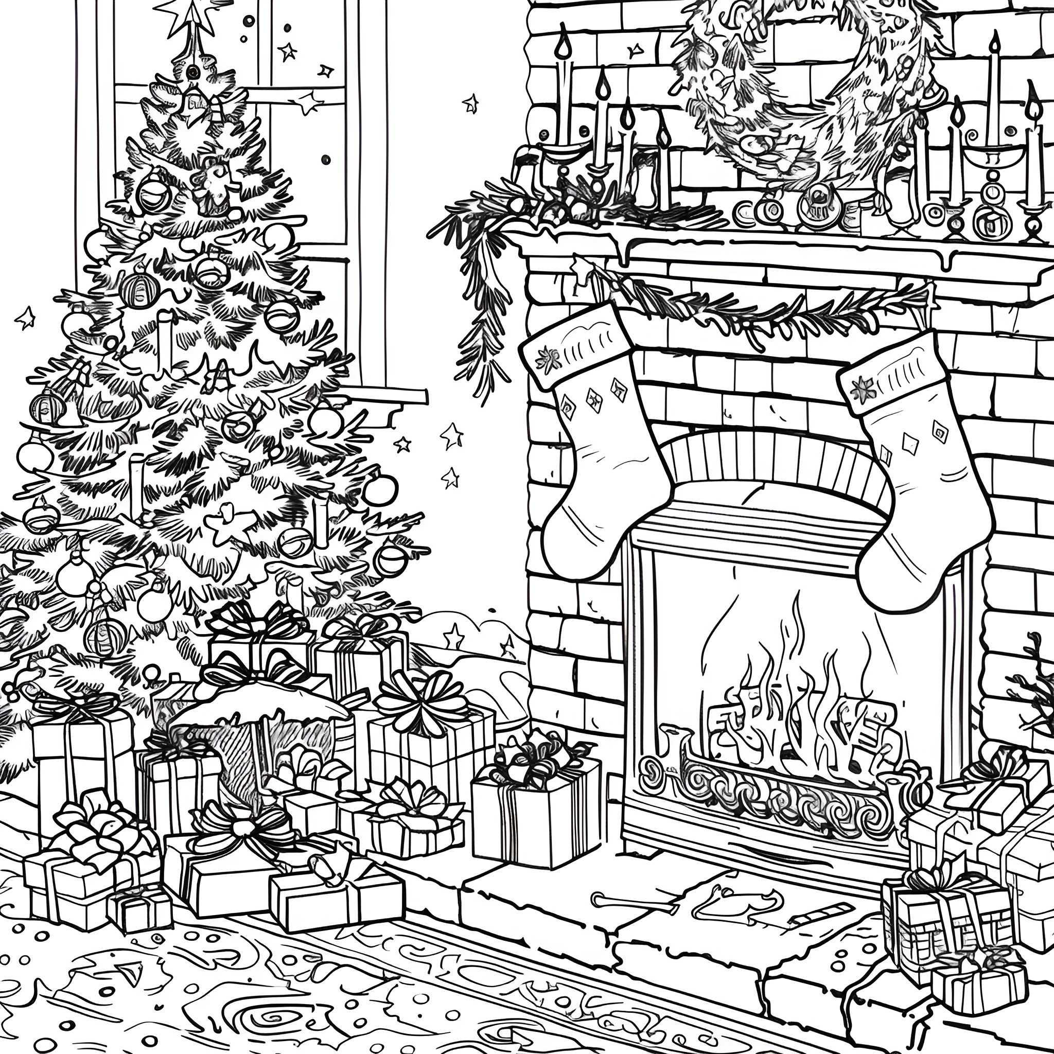 Christmas scene with decorated tree and fireplace Coloring Page (free black-and-white line drawing printable PDF for all, from beginners to advanced learners, including children, teens, adults, and seniors)