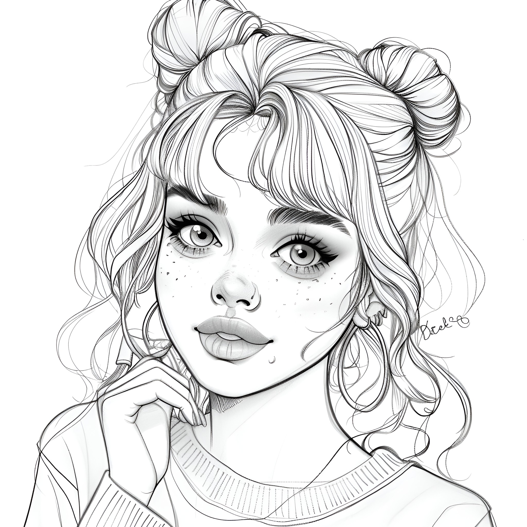 Aesthetic portrait of a young woman with bohemian hairstyle Coloring Page (free black-and-white line drawing printable PDF for all, from beginners to advanced learners, including children, teens, adults, and seniors)