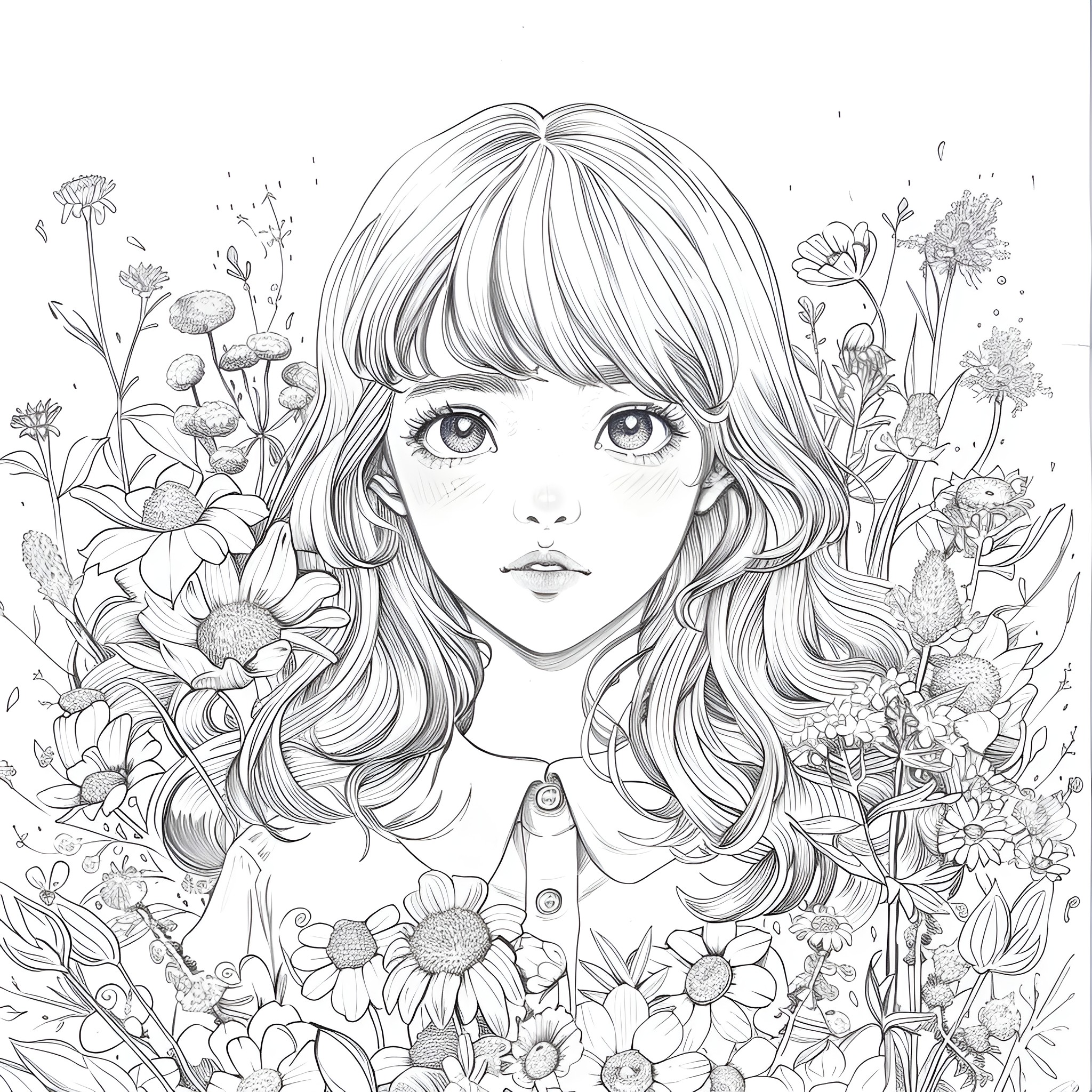 Aesthetic girl surrounded by floral elements Coloring Page (free black-and-white line drawing printable PDF for all, from beginners to advanced learners, including children, teens, adults, and seniors)