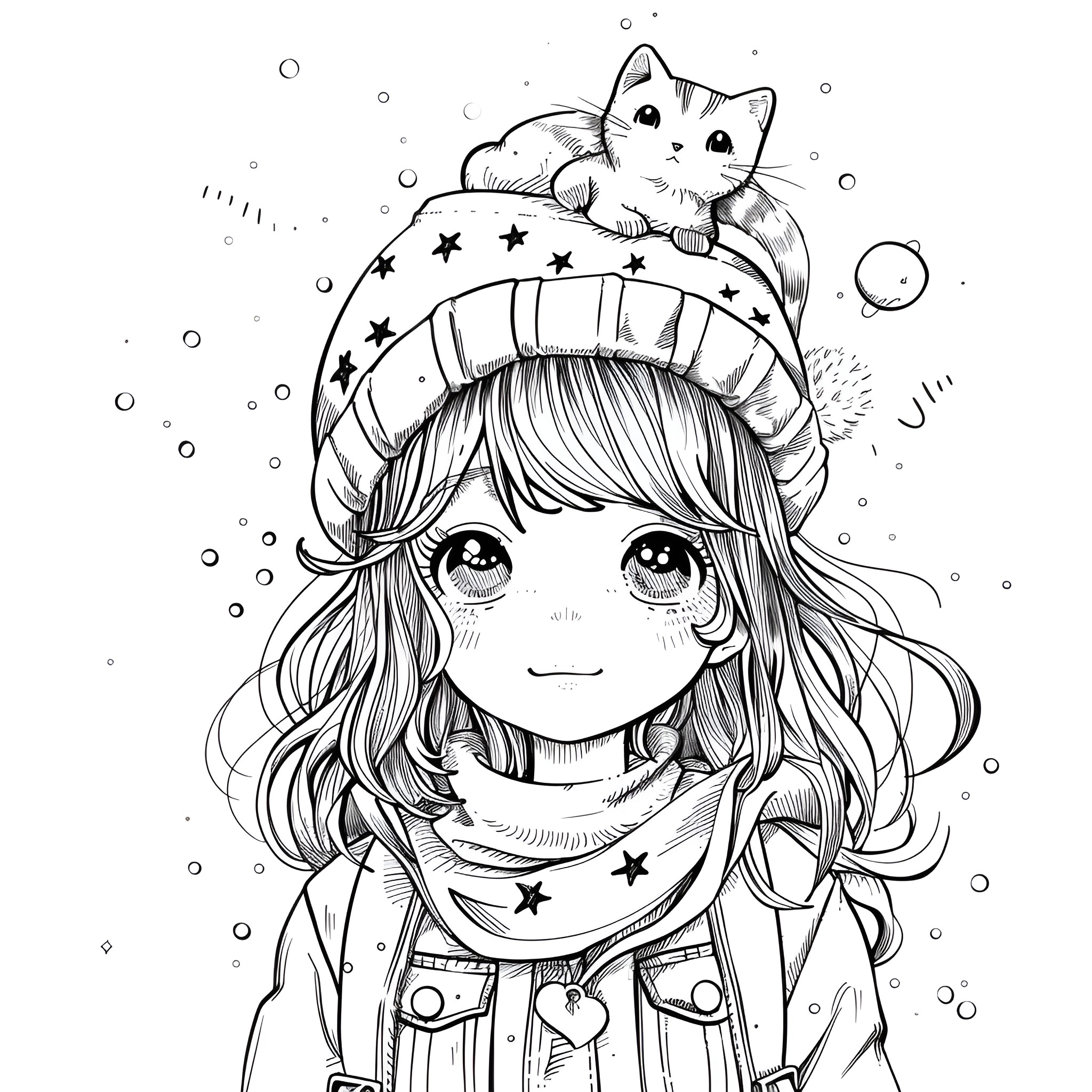 Aesthetic girl with cat hat and winter clothing Coloring Page (free black-and-white line drawing printable PDF for all, from beginners to advanced learners, including children, teens, adults, and seniors)