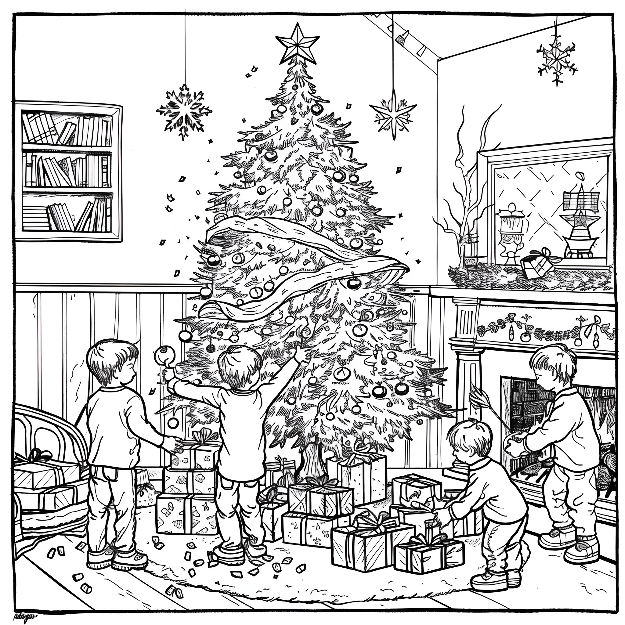 Christmas children decorate festive tree Coloring Page (free black-and-white line drawing printable PDF for all, from beginners to advanced learners, including children, teens, adults, and seniors)