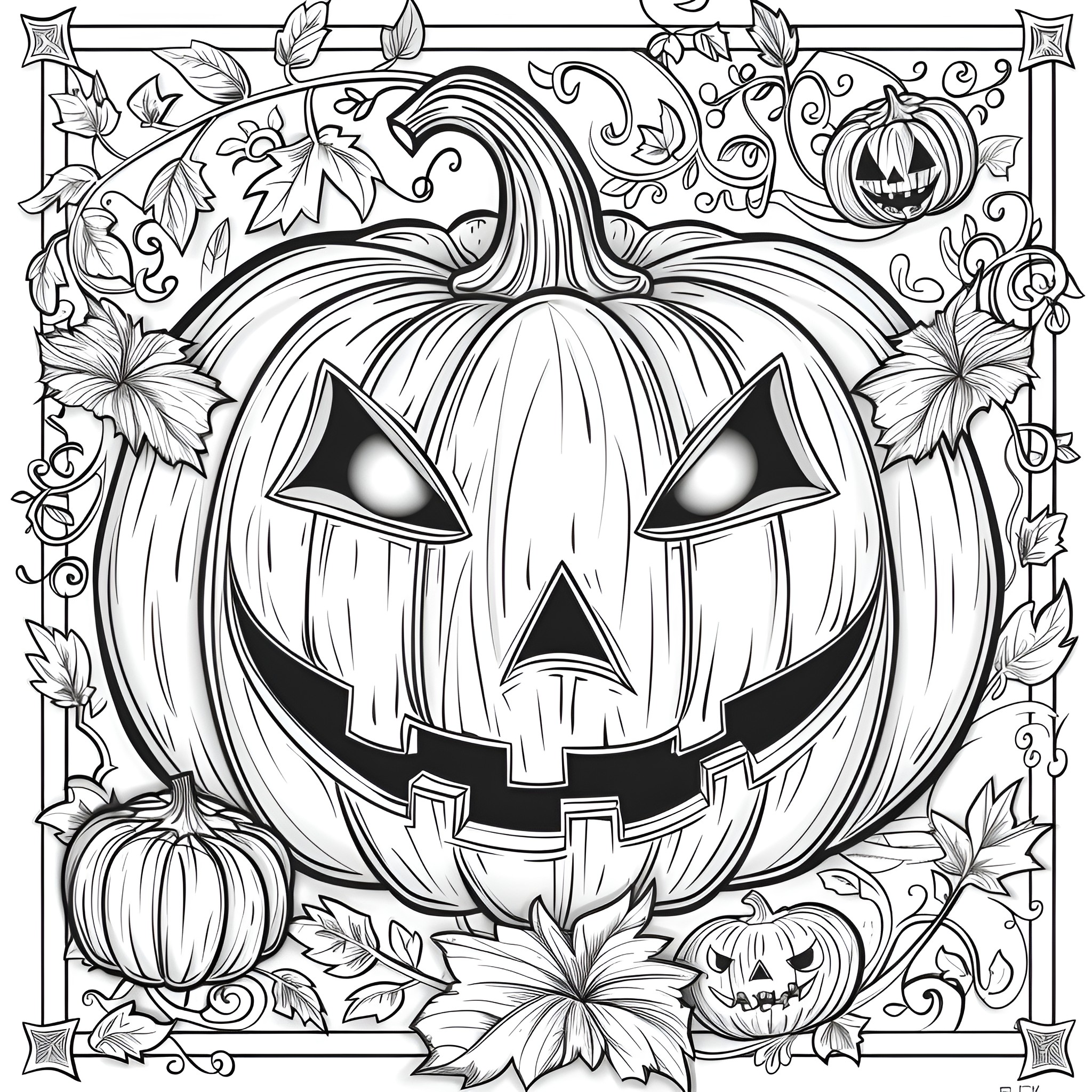 Halloween Spooky Pumpkin and Haunting Decorations Coloring Page (free black-and-white line drawing printable PDF for all, from beginners to advanced learners, including children, teens, adults, and seniors)