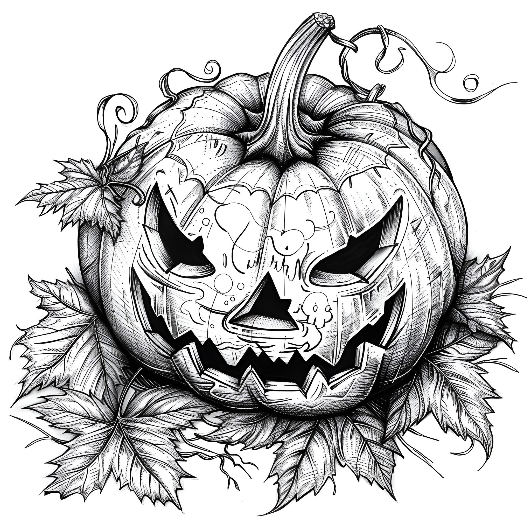 Halloween spooky pumpkin with carved face Coloring Page (free black-and-white line drawing printable PDF for all, from beginners to advanced learners, including children, teens, adults, and seniors)