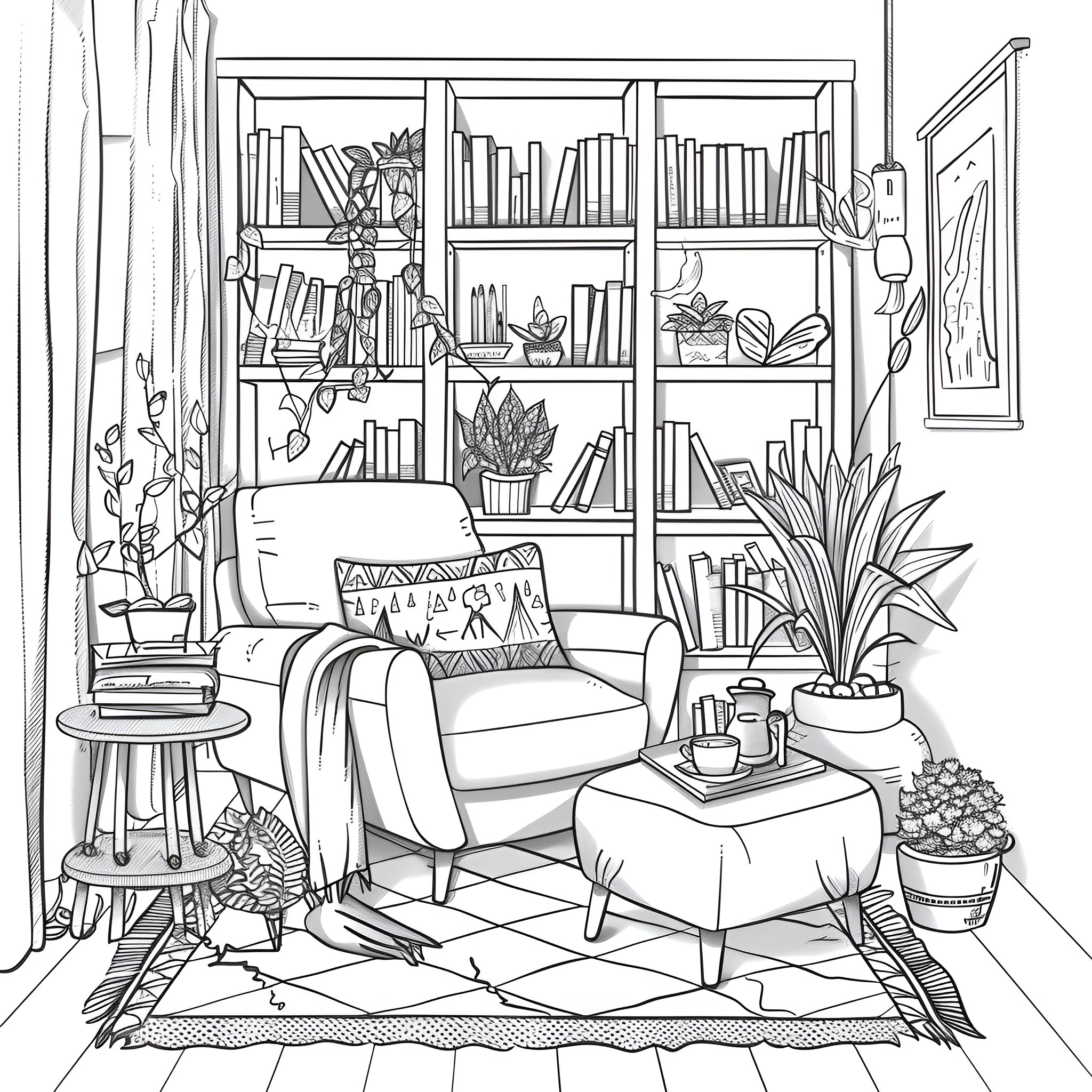 Aesthetic cozy reading nook with bookshelves Coloring Page (free black-and-white line drawing printable PDF for all, from beginners to advanced learners, including children, teens, adults, and seniors)