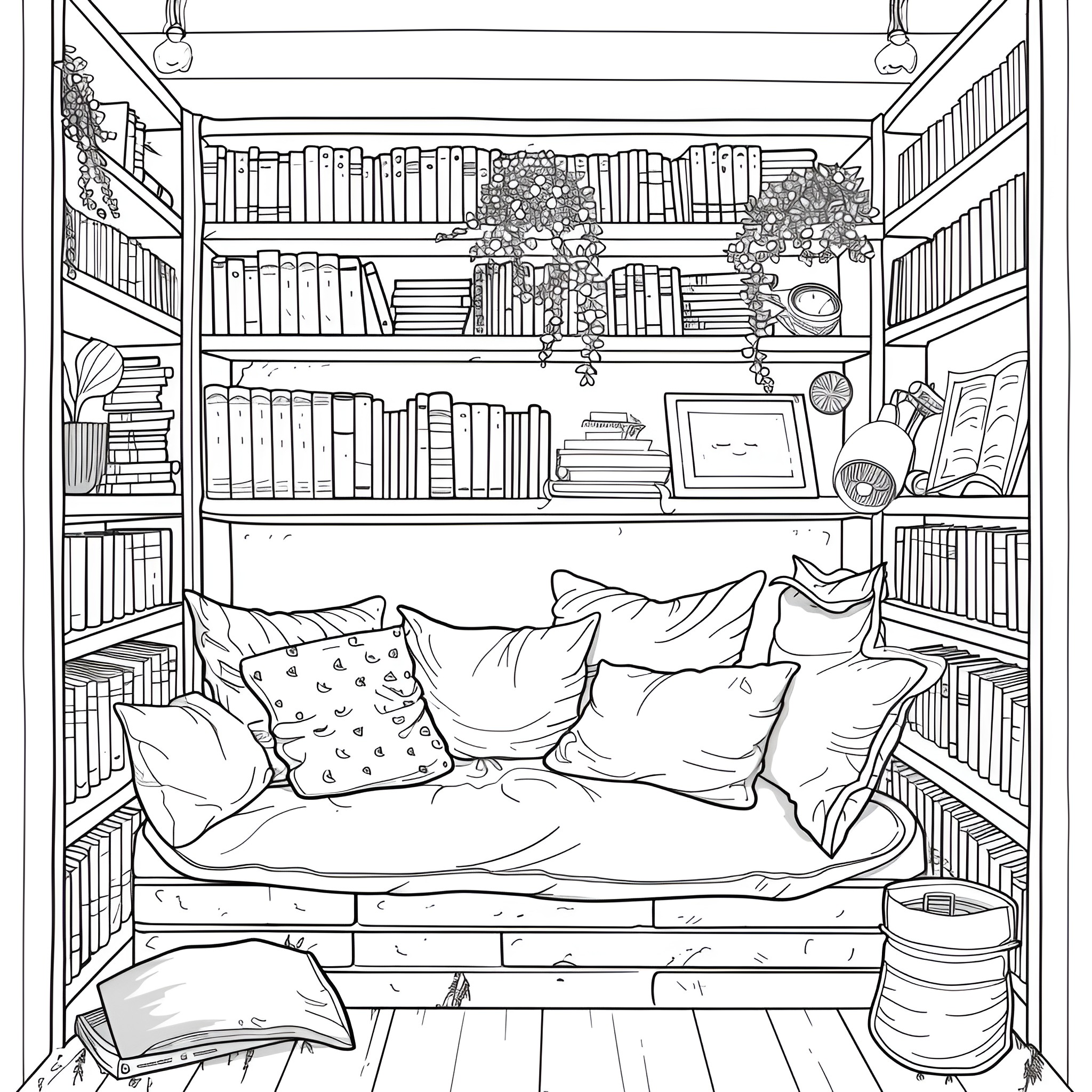 Aesthetic Cozy Library Nook Coloring Page (free black-and-white line drawing printable PDF for all, from beginners to advanced learners, including children, teens, adults, and seniors)