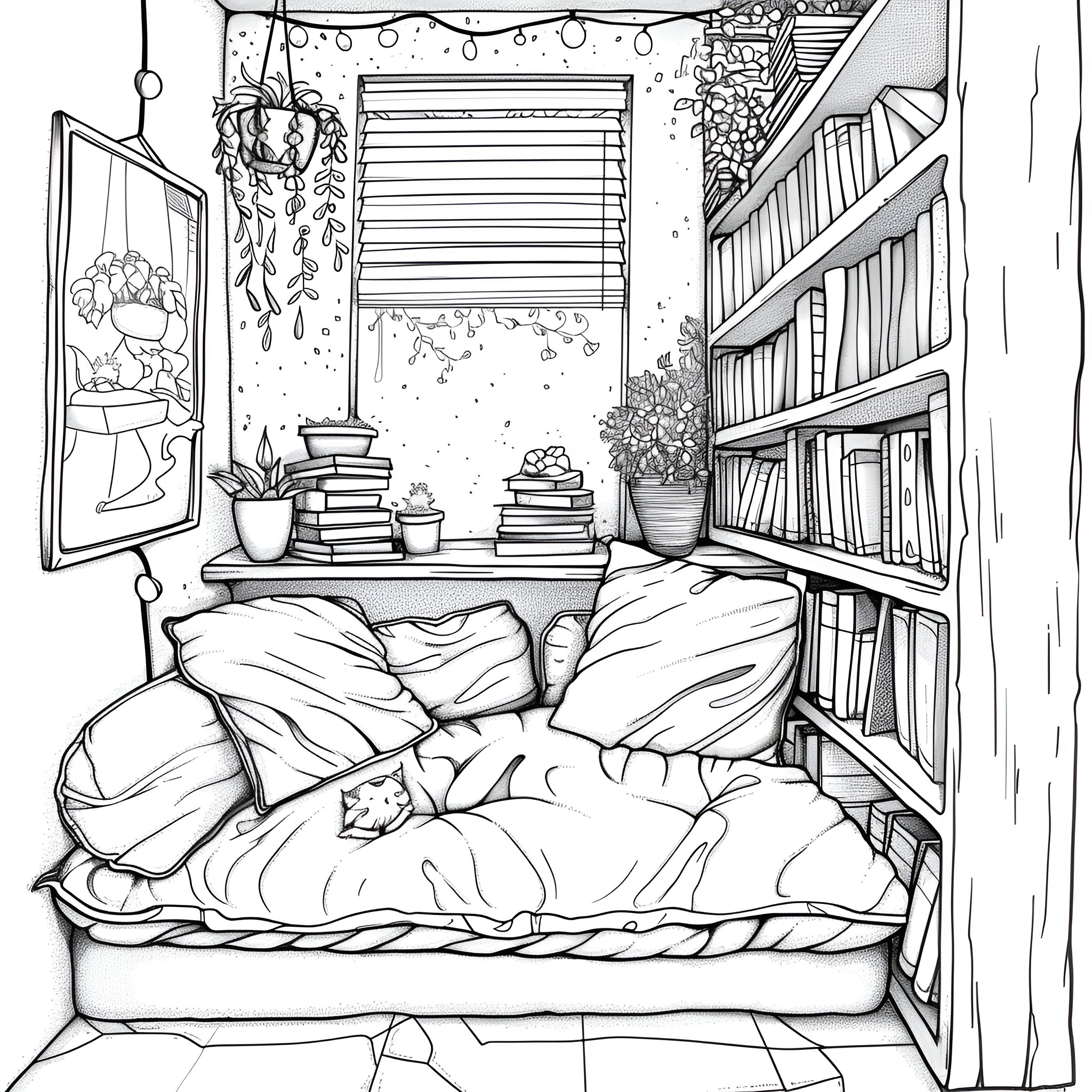 Aesthetic cozy reading nook by the window Coloring Page (free black-and-white line drawing printable PDF for all, from beginners to advanced learners, including children, teens, adults, and seniors)