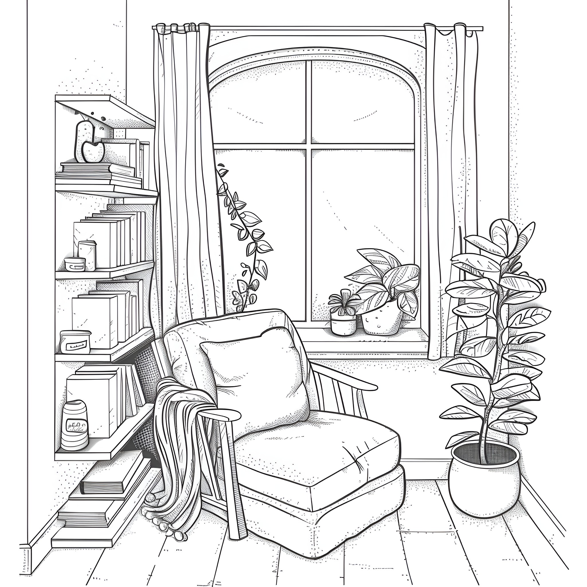Aesthetic Cozy Indoor Comfort Coloring Page (free black-and-white line drawing printable PDF for all, from beginners to advanced learners, including children, teens, adults, and seniors)
