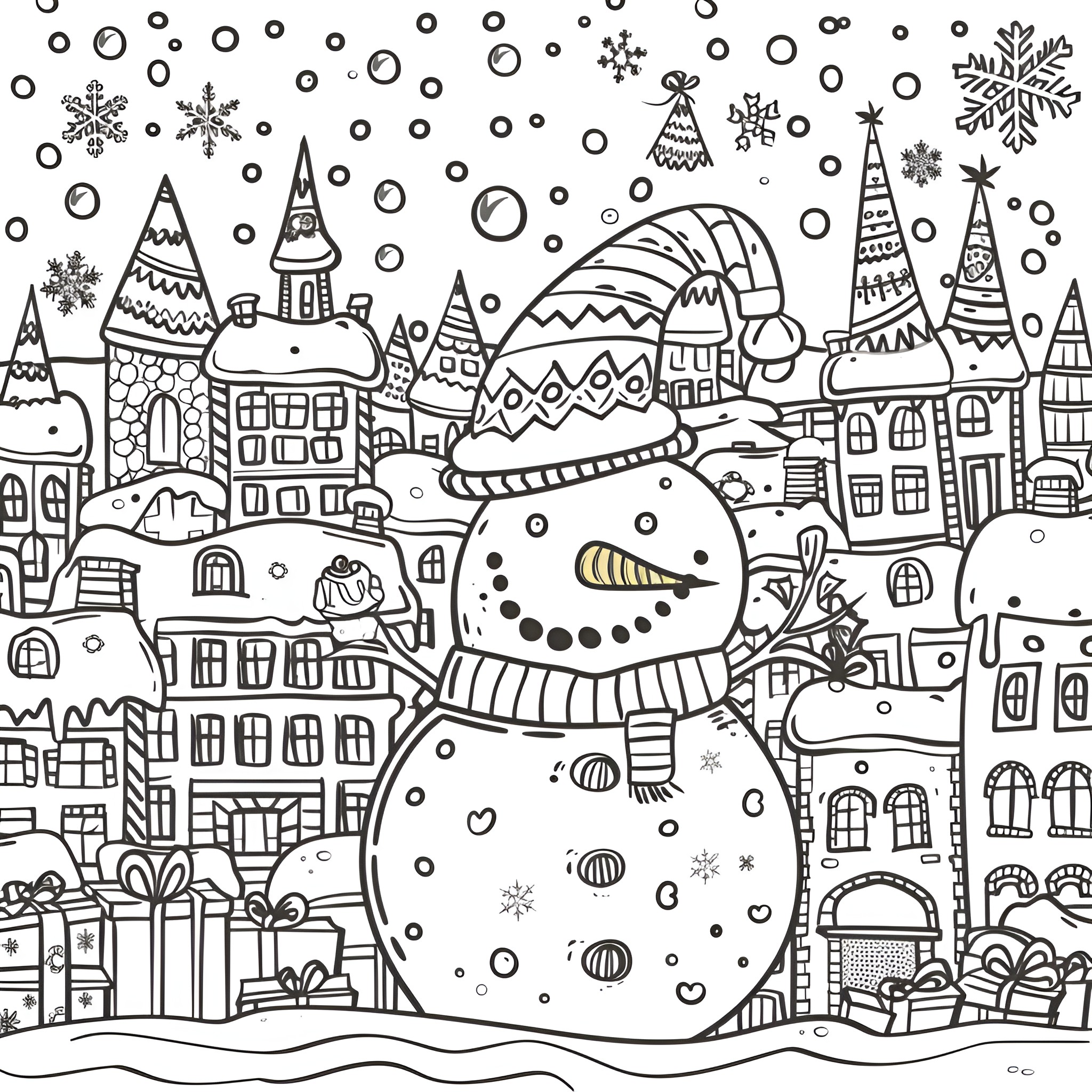 Christmas Snowman in Snowy Town Coloring Page (free black-and-white line drawing printable PDF for all, from beginners to advanced learners, including children, teens, adults, and seniors)