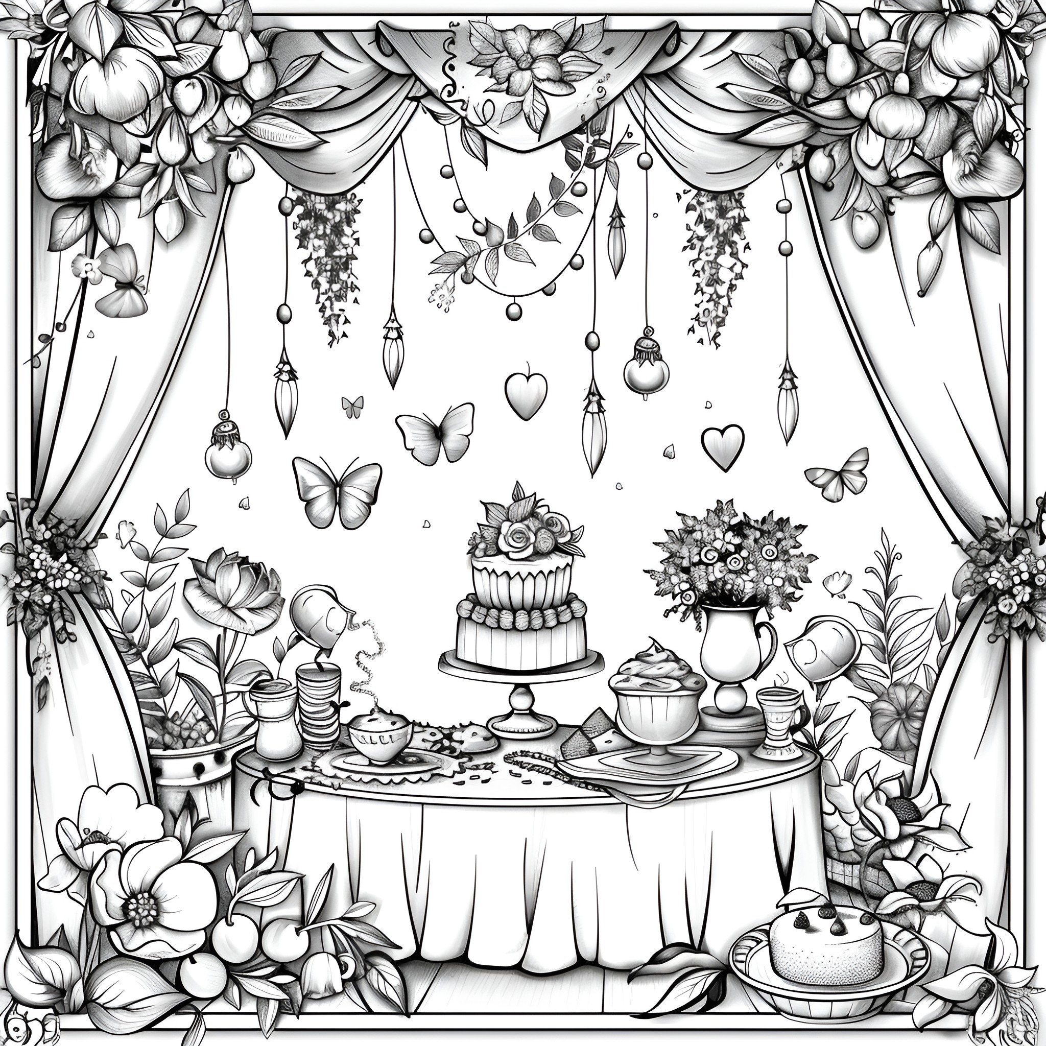 Aesthetic floral garden celebration with desserts Coloring Page (free black-and-white line drawing printable PDF for all, from beginners to advanced learners, including children, teens, adults, and seniors)