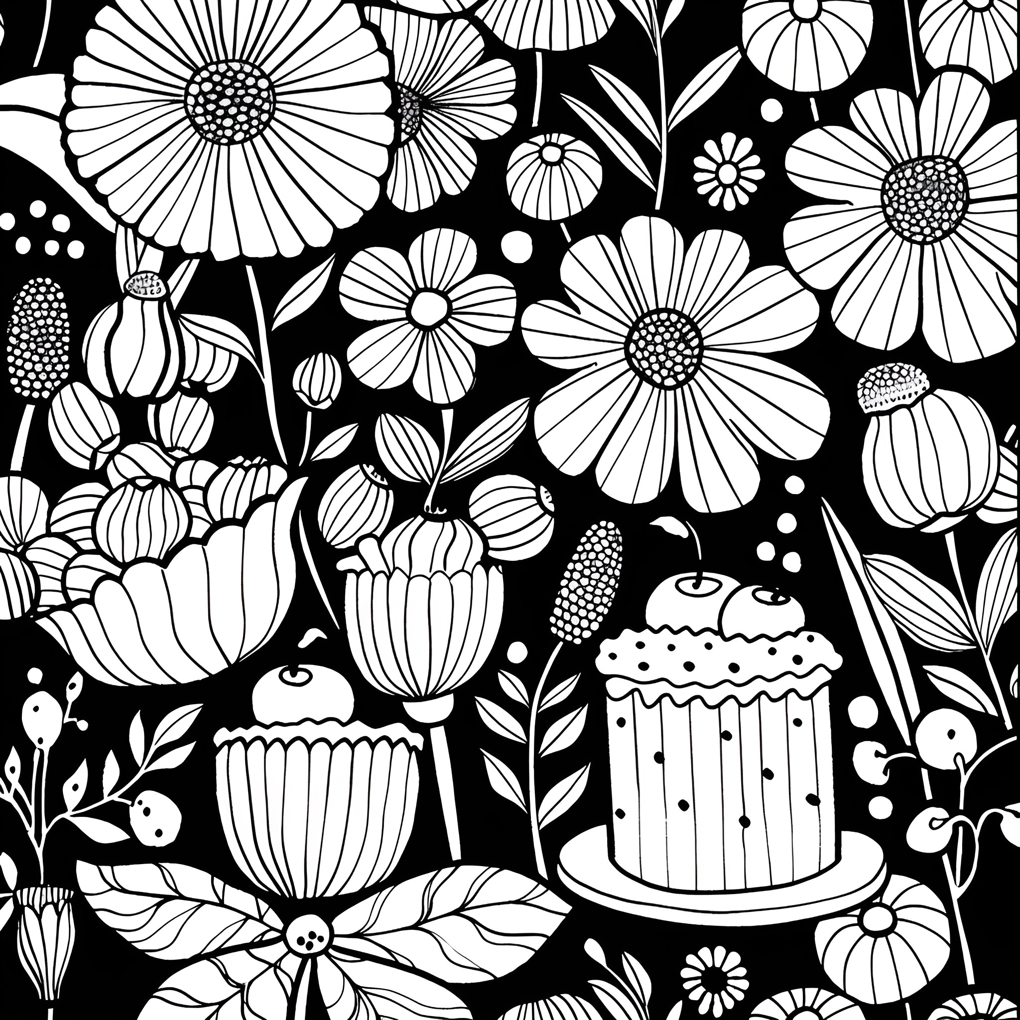 Aesthetic floral and cupcake pattern Coloring Page (free black-and-white line drawing printable PDF for all, from beginners to advanced learners, including children, teens, adults, and seniors)