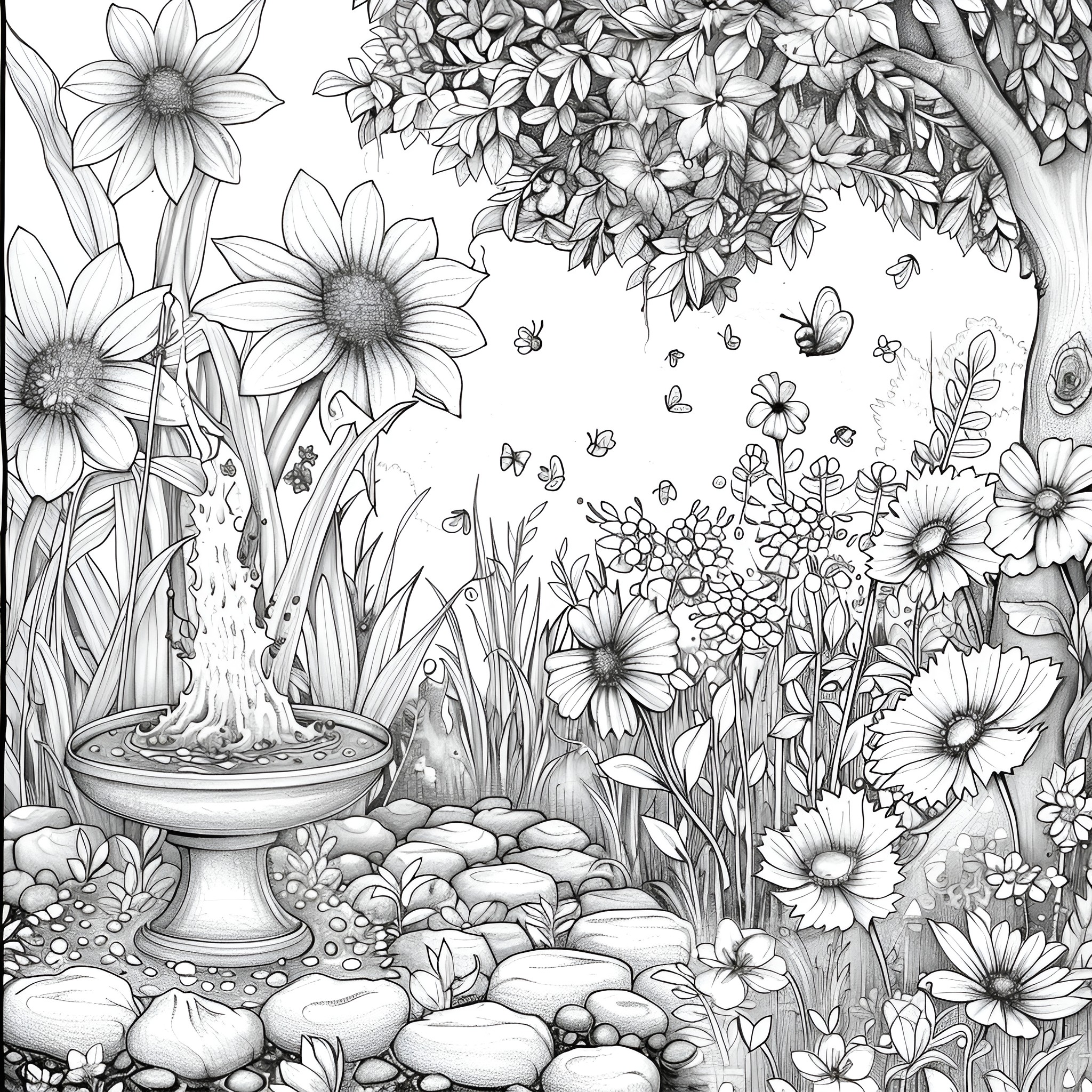 Aesthetic blooming garden with fountain Coloring Page (free black-and-white line drawing printable PDF for all, from beginners to advanced learners, including children, teens, adults, and seniors)