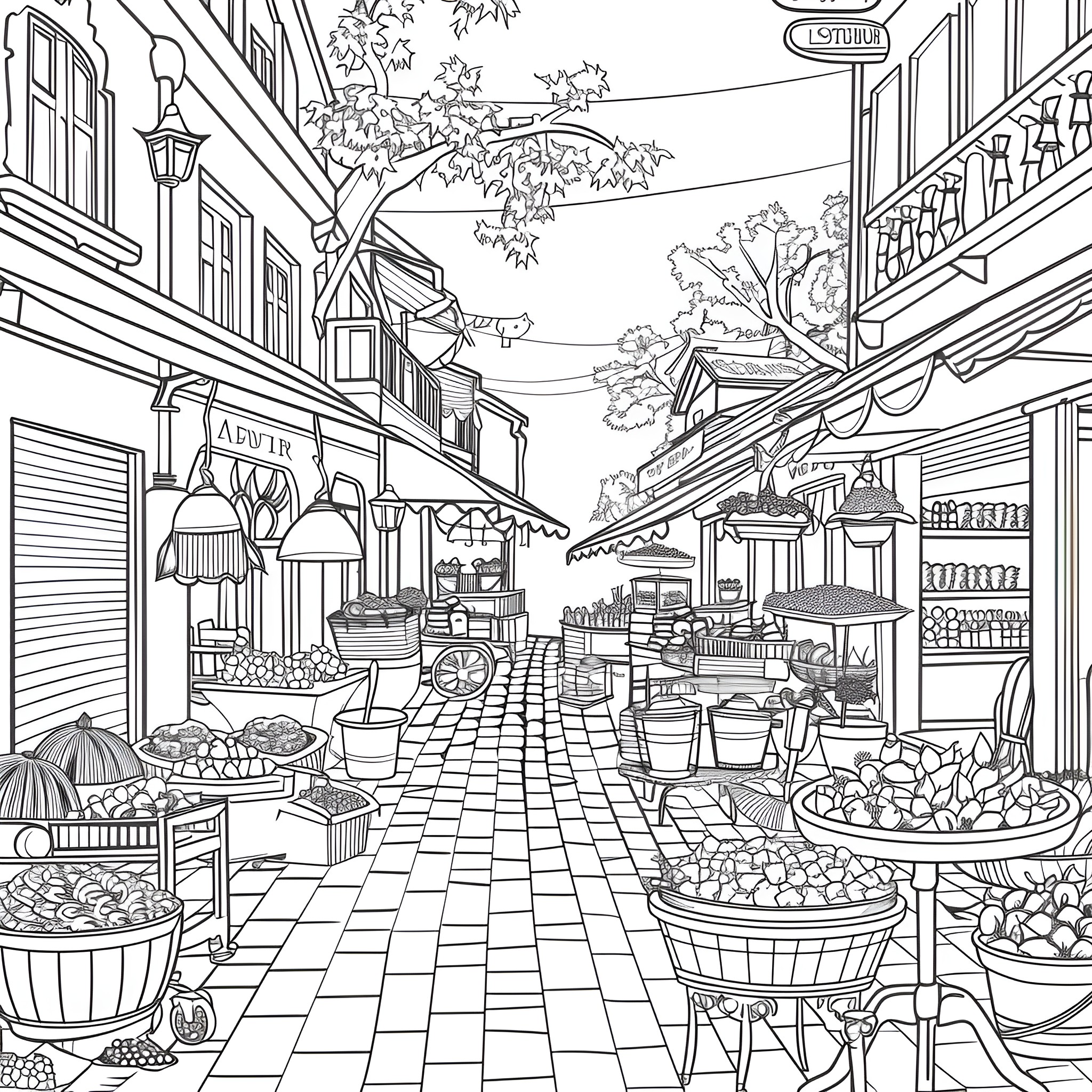 Aesthetic Bustling Outdoor Market Scene Coloring Page (free black-and-white line drawing printable PDF for all, from beginners to advanced learners, including children, teens, adults, and seniors)