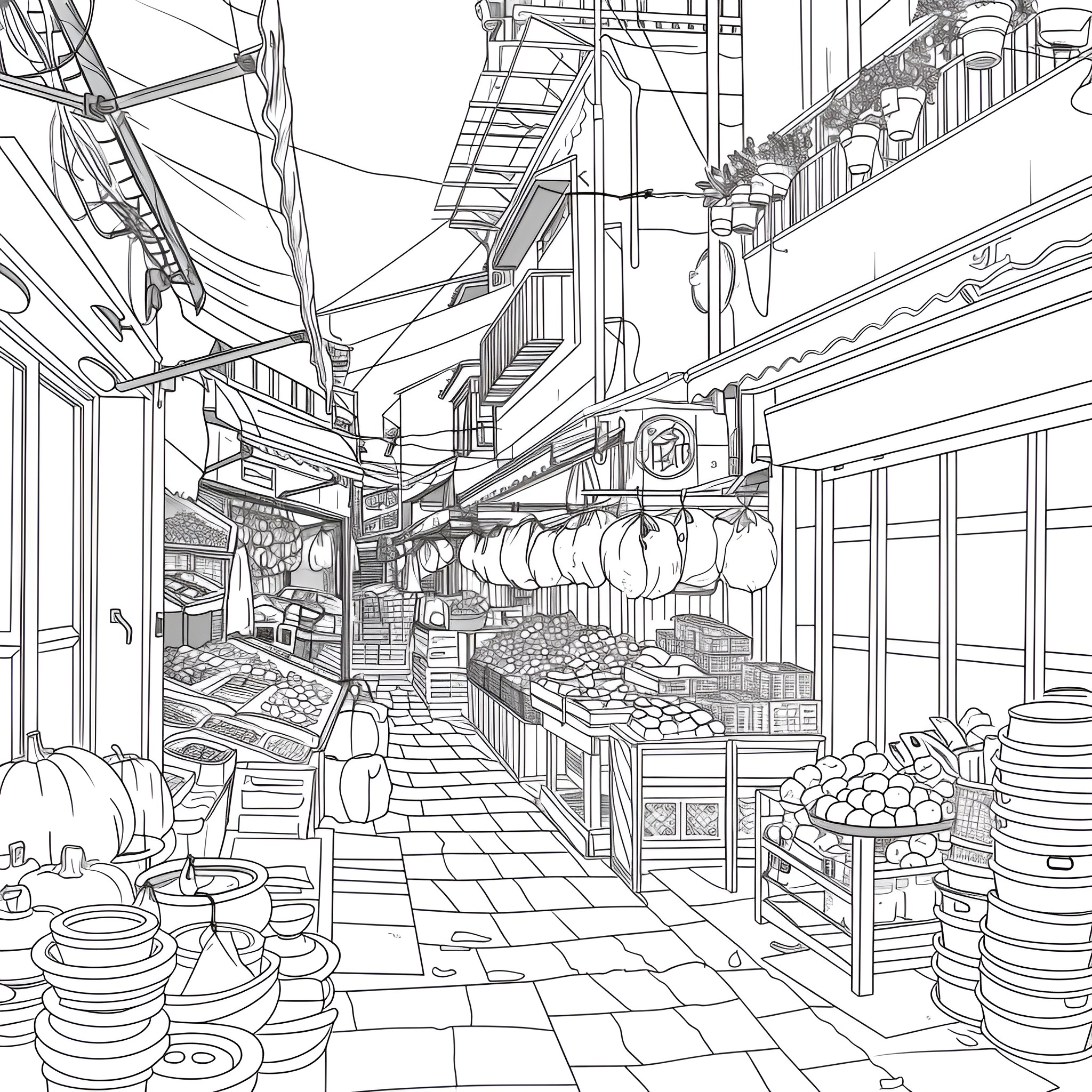 Aesthetic Japanese Market Street Scene Coloring Page (free black-and-white line drawing printable PDF for all, from beginners to advanced learners, including children, teens, adults, and seniors)