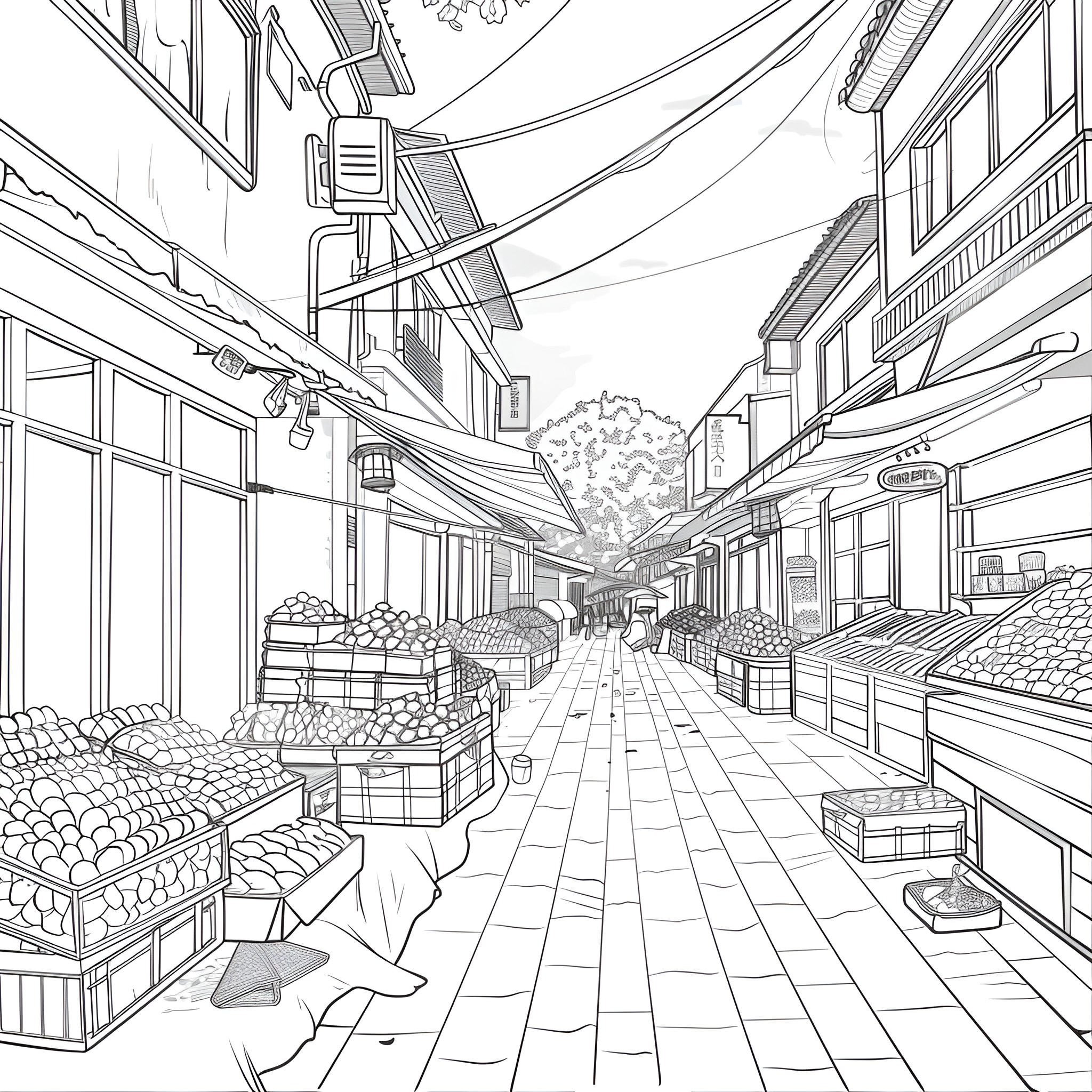 Aesthetic Street Market Scene Coloring Page (free black-and-white line drawing printable PDF for all, from beginners to advanced learners, including children, teens, adults, and seniors)