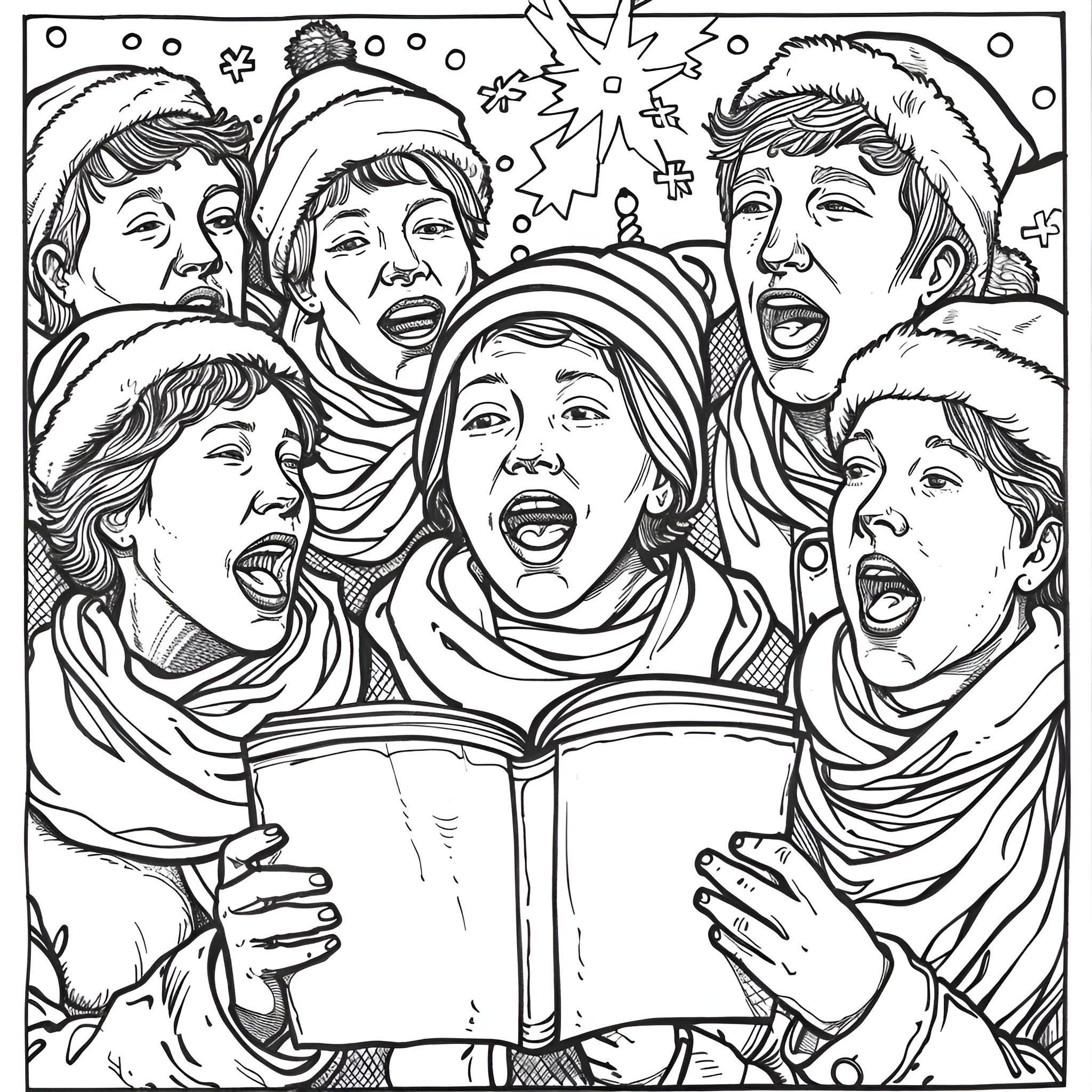 Christmas carolers singing joyfully Coloring Page (free black-and-white line drawing printable PDF for all, from beginners to advanced learners, including children, teens, adults, and seniors)