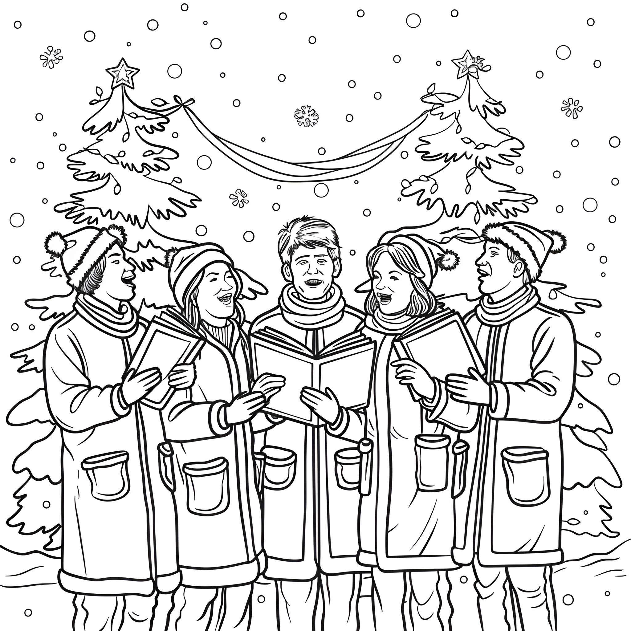 Christmas carolers singing joyfully in winter Coloring Page (free black-and-white line drawing printable PDF for all, from beginners to advanced learners, including children, teens, adults, and seniors)
