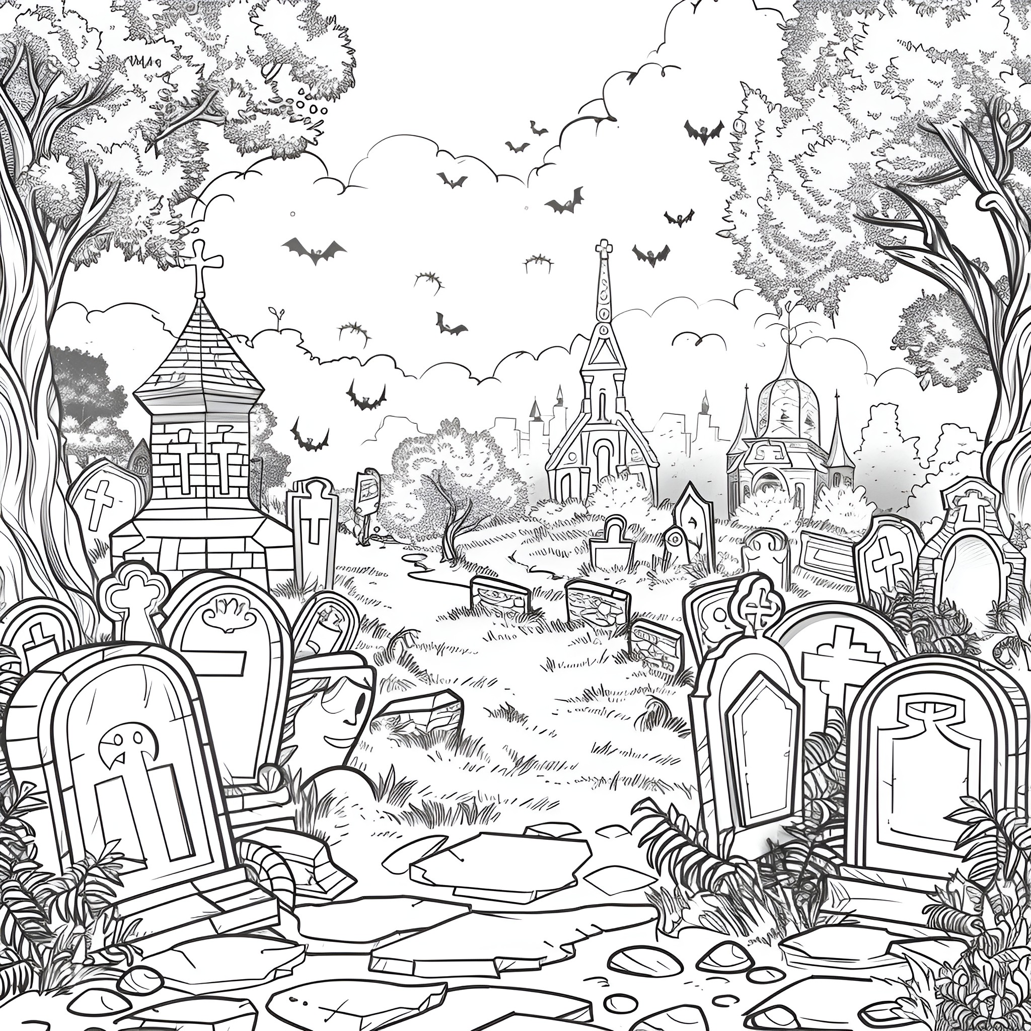 Halloween spooky graveyard with haunted houses Coloring Page (free black-and-white line drawing printable PDF for all, from beginners to advanced learners, including children, teens, adults, and seniors)