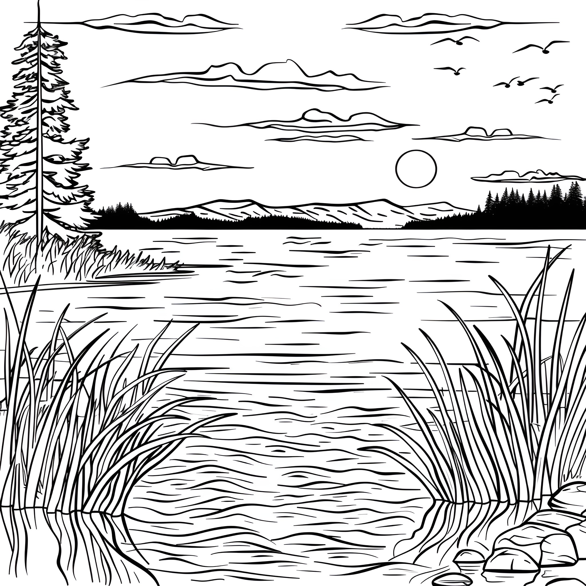 Aesthetic Tranquil Lake Landscape Coloring Page (free black-and-white line drawing printable PDF for all, from beginners to advanced learners, including children, teens, adults, and seniors)