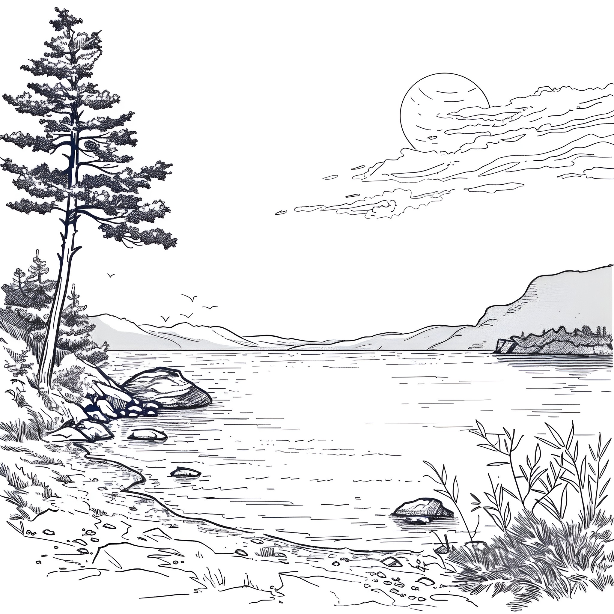 Aesthetic landscape with pine tree and sunset Coloring Page (free black-and-white line drawing printable PDF for all, from beginners to advanced learners, including children, teens, adults, and seniors)