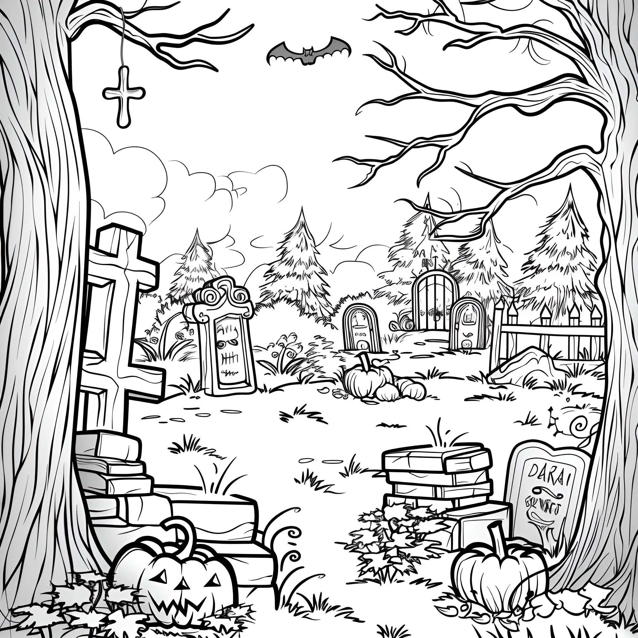 Halloween Spooky Graveyard Scene with Bats and Trees Coloring Page (free black-and-white line drawing printable PDF for all, from beginners to advanced learners, including children, teens, adults, and seniors)