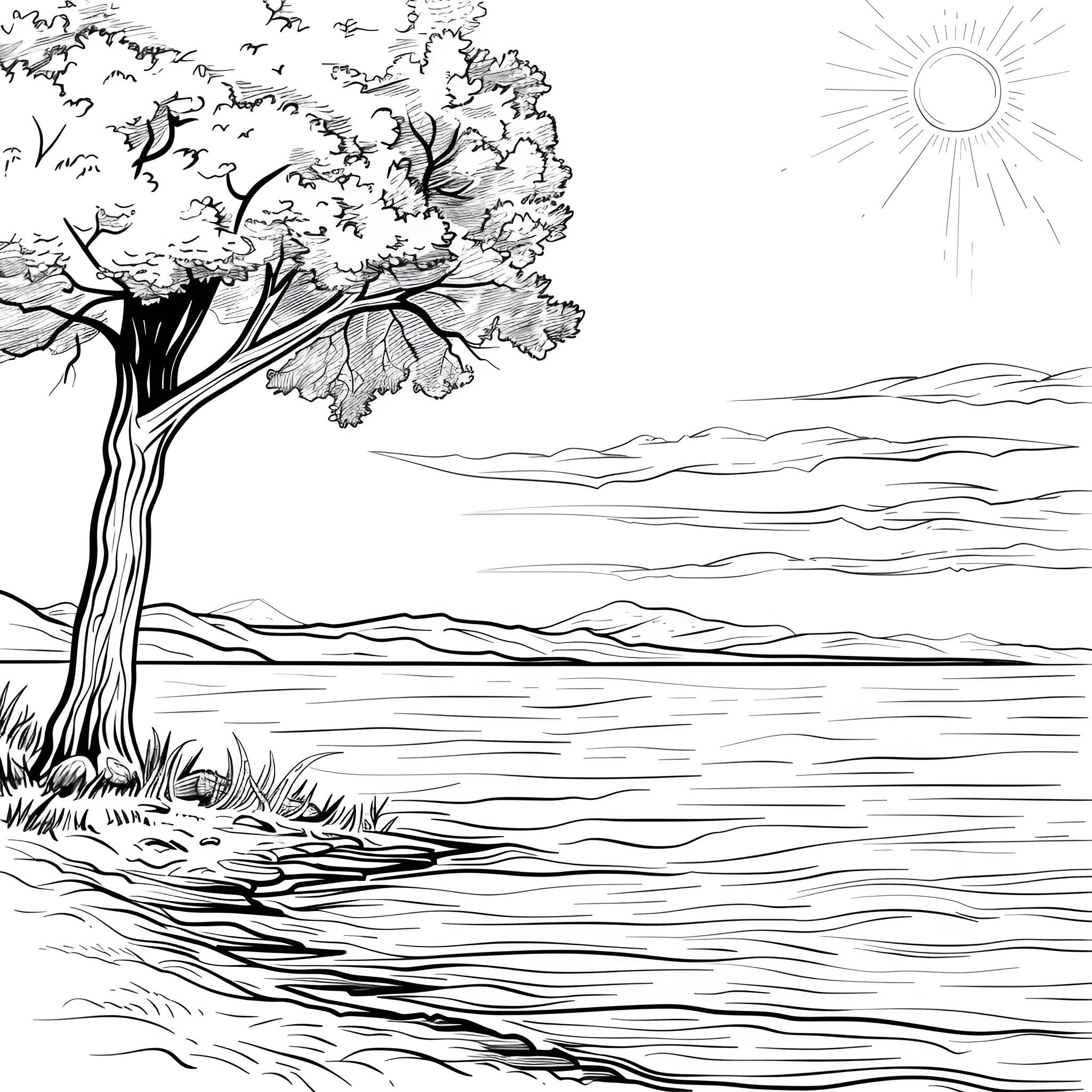 Aesthetic Serene Landscape with Tree Coloring Page (free black-and-white line drawing printable PDF for all, from beginners to advanced learners, including children, teens, adults, and seniors)