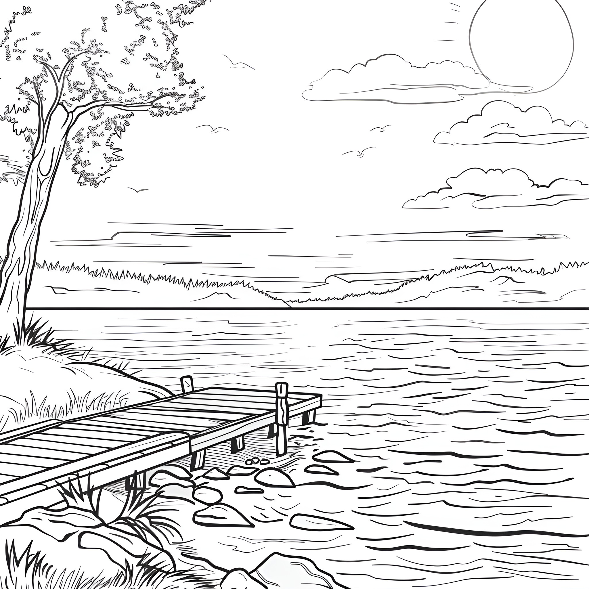 Aesthetic landscape with dock and nature Coloring Page (free black-and-white line drawing printable PDF for all, from beginners to advanced learners, including children, teens, adults, and seniors)