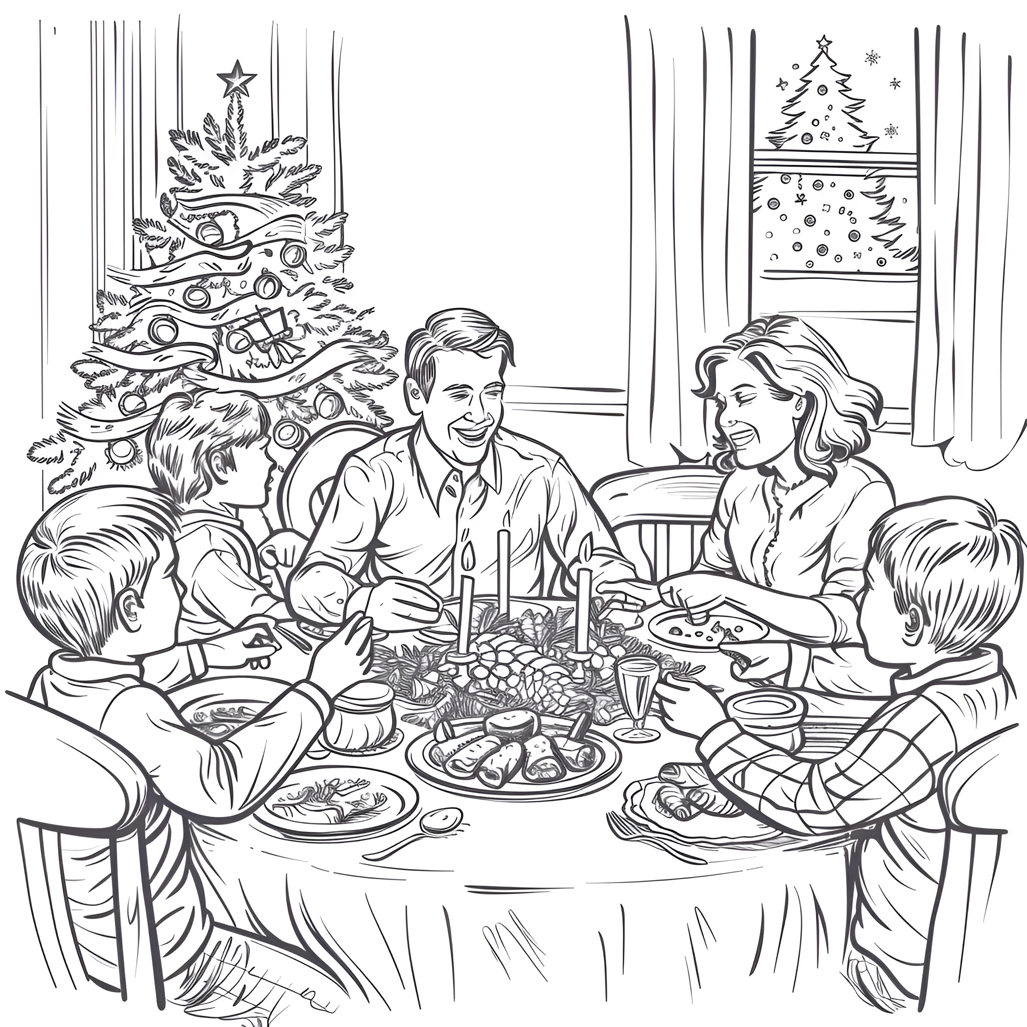 Christmas family dinner celebration Coloring Page (free black-and-white line drawing printable PDF for all, from beginners to advanced learners, including children, teens, adults, and seniors)