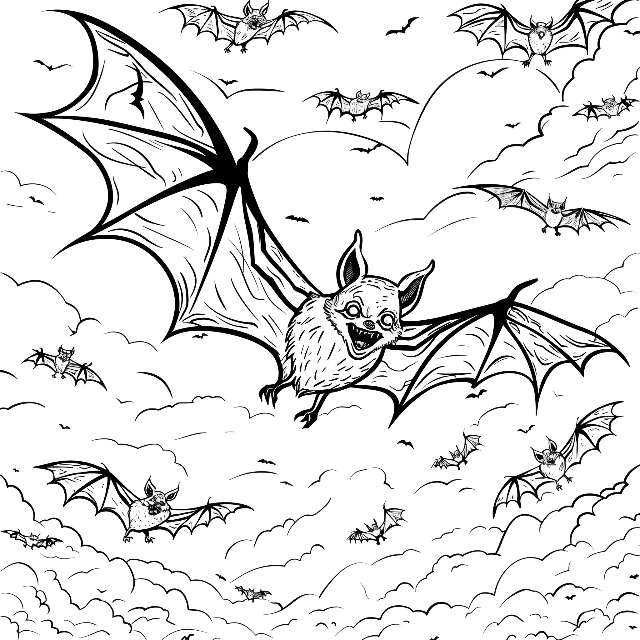 Halloween bats flying in cloudy night sky Coloring Page (free black-and-white line drawing printable PDF for all, from beginners to advanced learners, including children, teens, adults, and seniors)