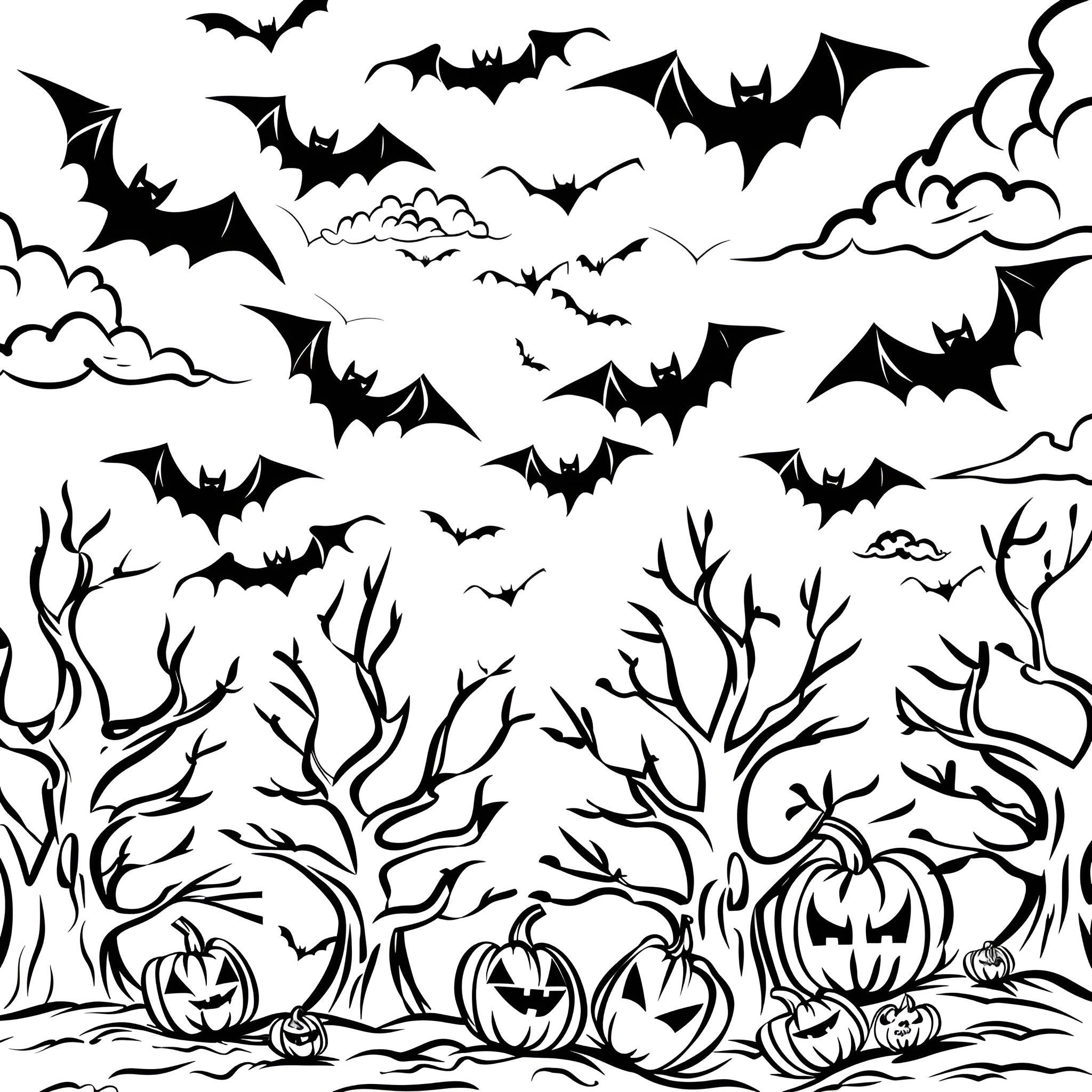 Halloween spooky bats and haunted forest Coloring Page (free black-and-white line drawing printable PDF for all, from beginners to advanced learners, including children, teens, adults, and seniors)