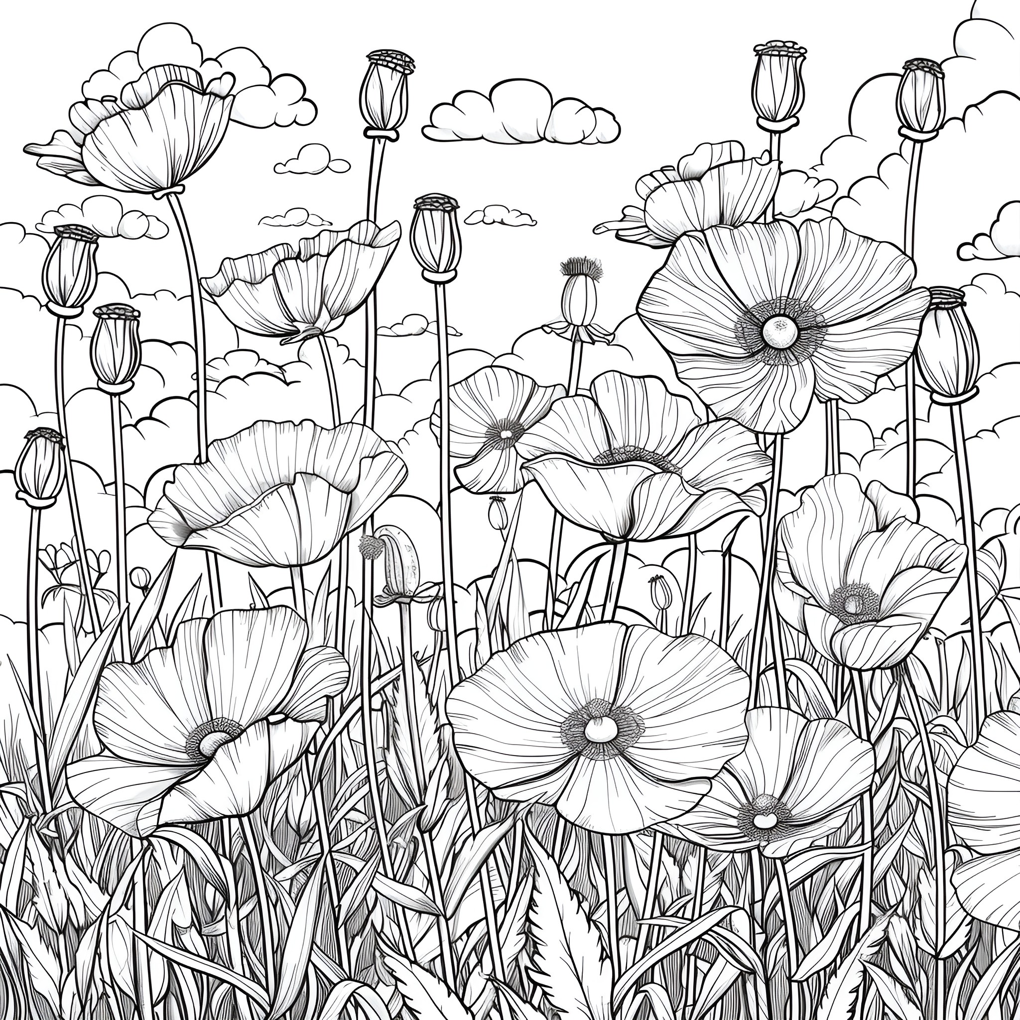 Aesthetic floral field with whimsical blossoms Coloring Page (free black-and-white line drawing printable PDF for all, from beginners to advanced learners, including children, teens, adults, and seniors)