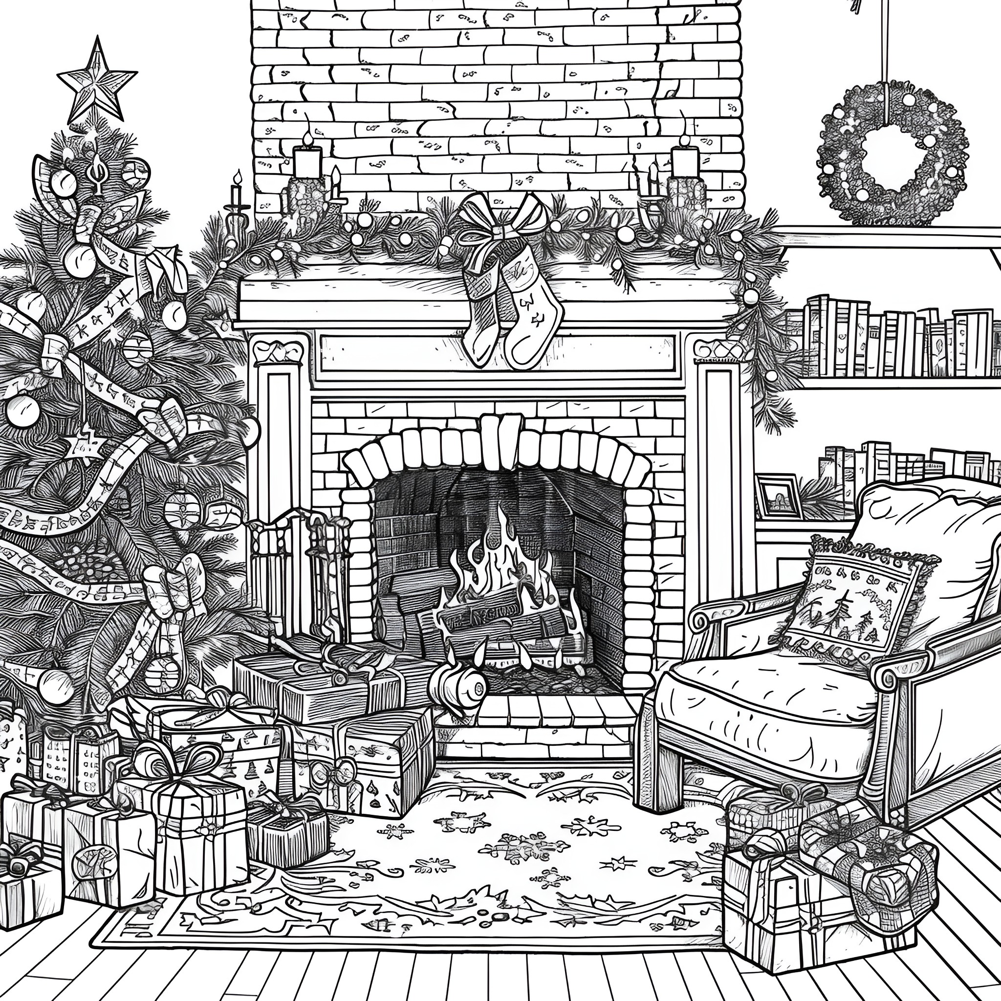 Christmas cozy fireplace scene with decorations Coloring Page (free black-and-white line drawing printable PDF for all, from beginners to advanced learners, including children, teens, adults, and seniors)