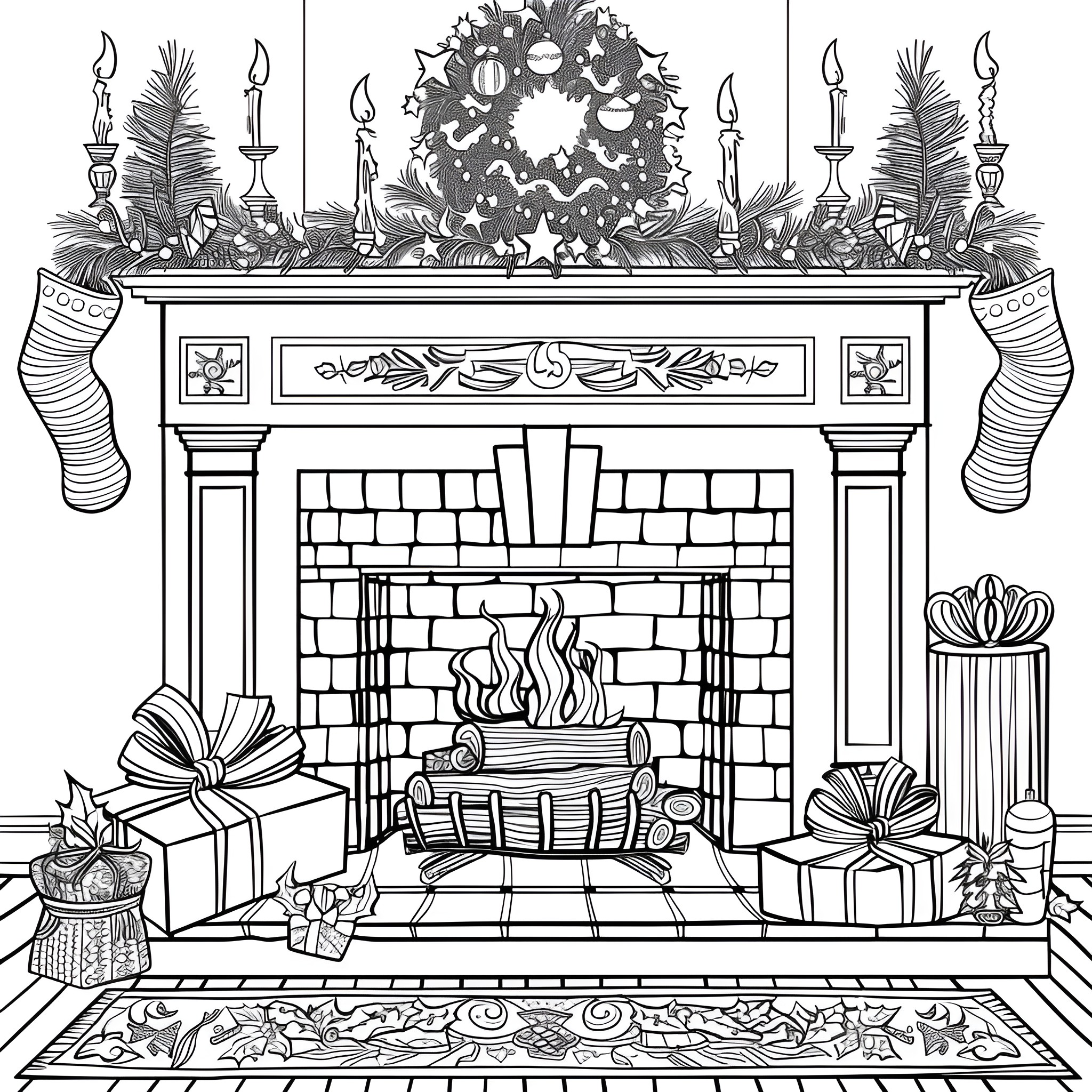 Christmas Fireplace Scene with Decor and Presents Coloring Page (free black-and-white line drawing printable PDF for all, from beginners to advanced learners, including children, teens, adults, and seniors)