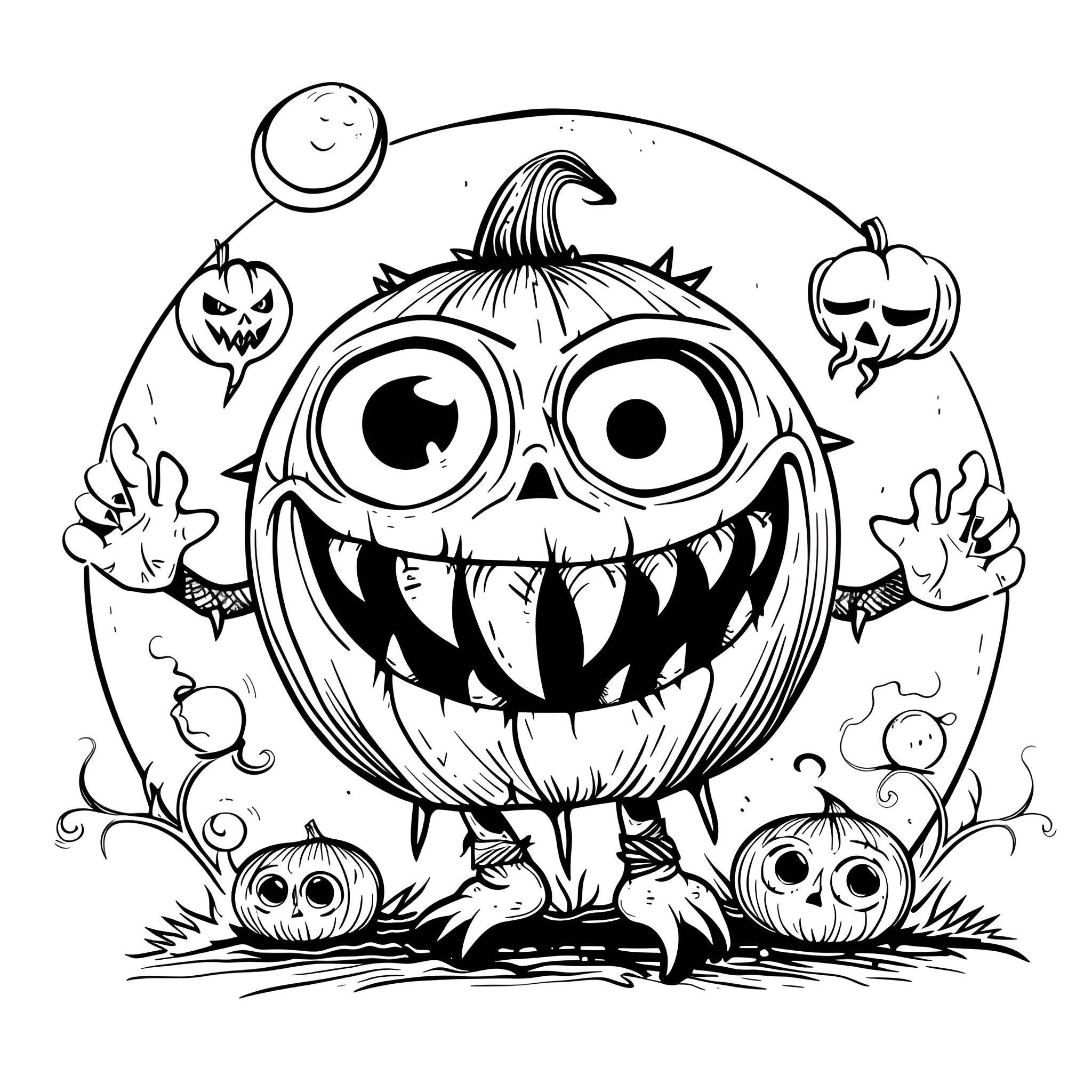 Halloween Monstrous Pumpkin Creatures Coloring Page (free black-and-white line drawing printable PDF for all, from beginners to advanced learners, including children, teens, adults, and seniors)