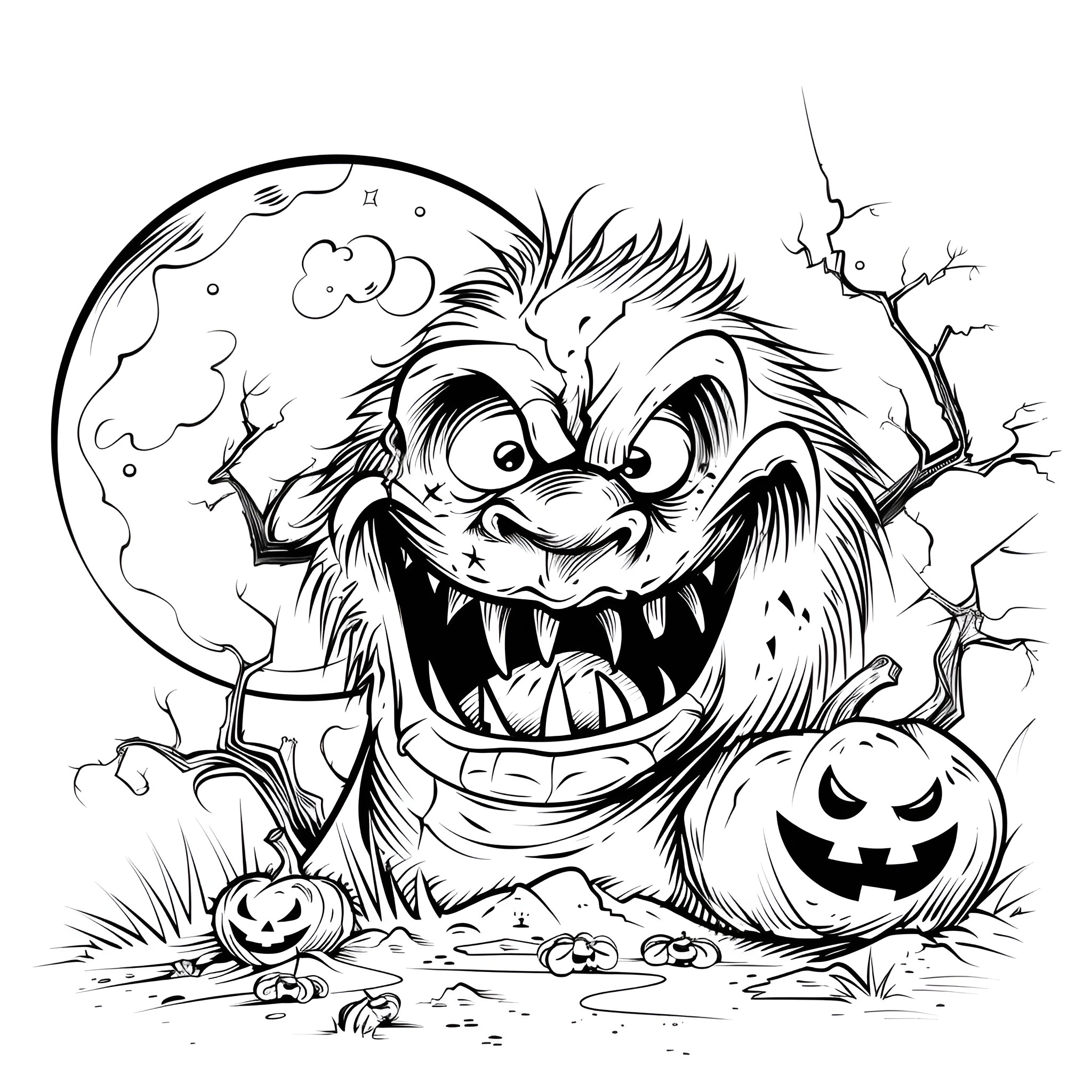 Halloween monster with pumpkins in spooky night Coloring Page (free black-and-white line drawing printable PDF for all, from beginners to advanced learners, including children, teens, adults, and seniors)