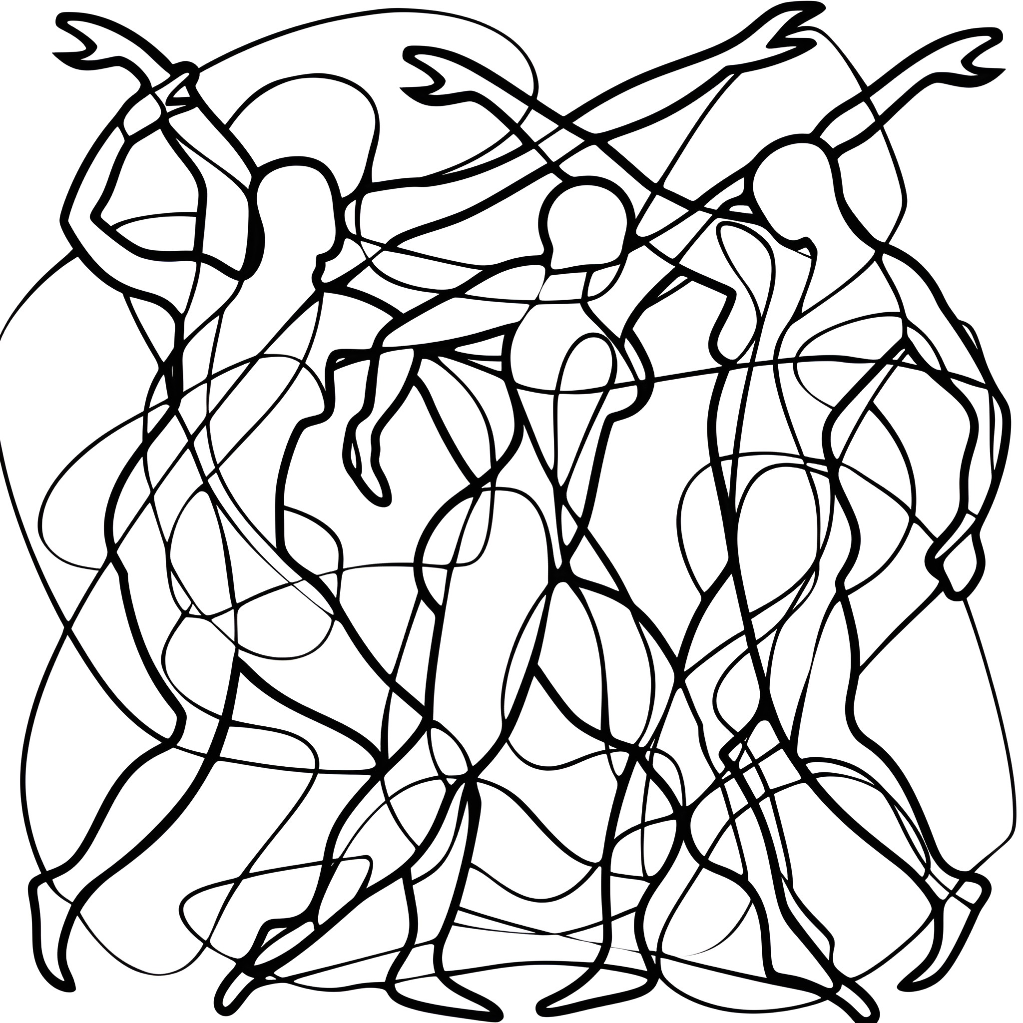 Aesthetic abstract human figures in motion Coloring Page (free black-and-white line drawing printable PDF for all, from beginners to advanced learners, including children, teens, adults, and seniors)