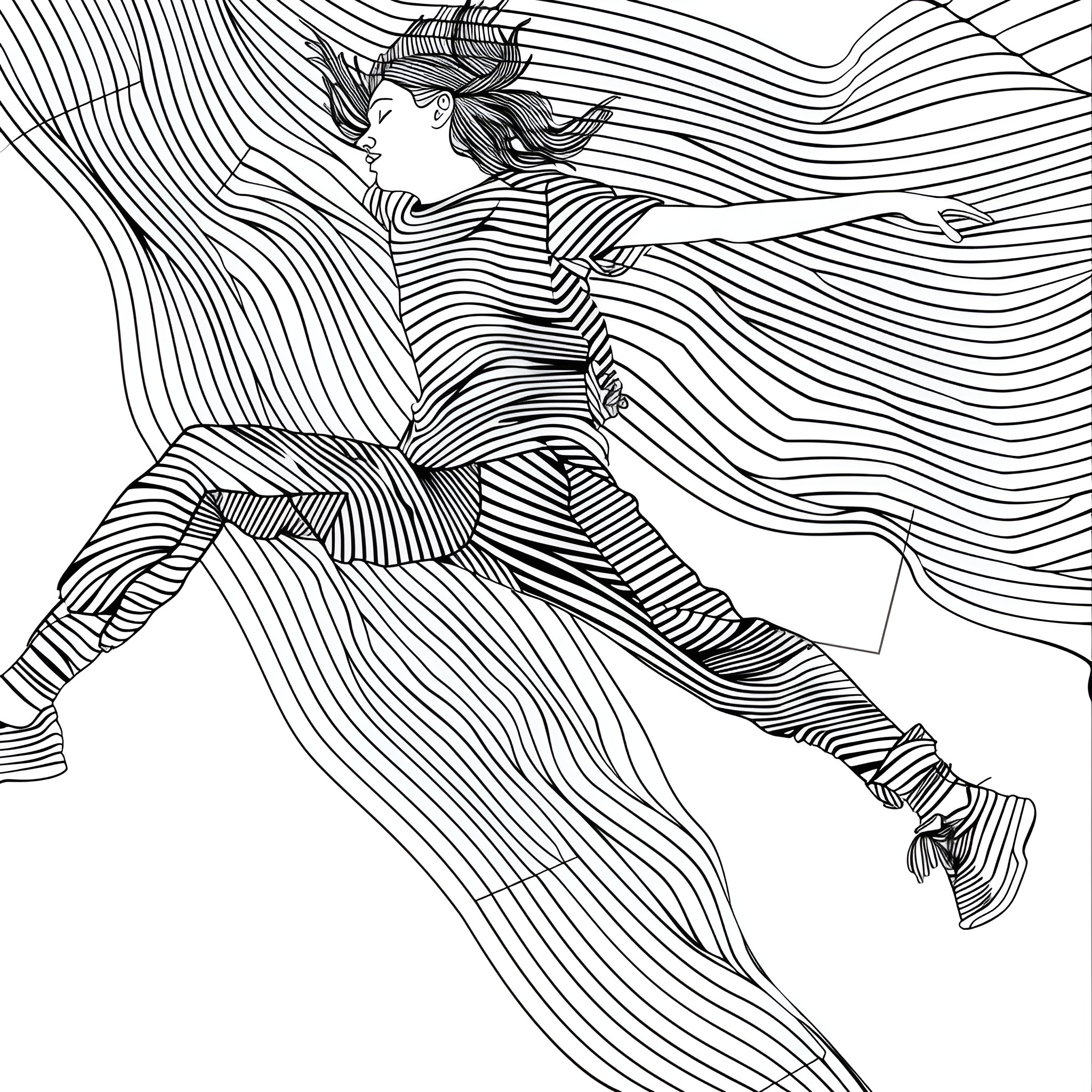 Aesthetic Dancer in Motion Coloring Page (free black-and-white line drawing printable PDF for all, from beginners to advanced learners, including children, teens, adults, and seniors)