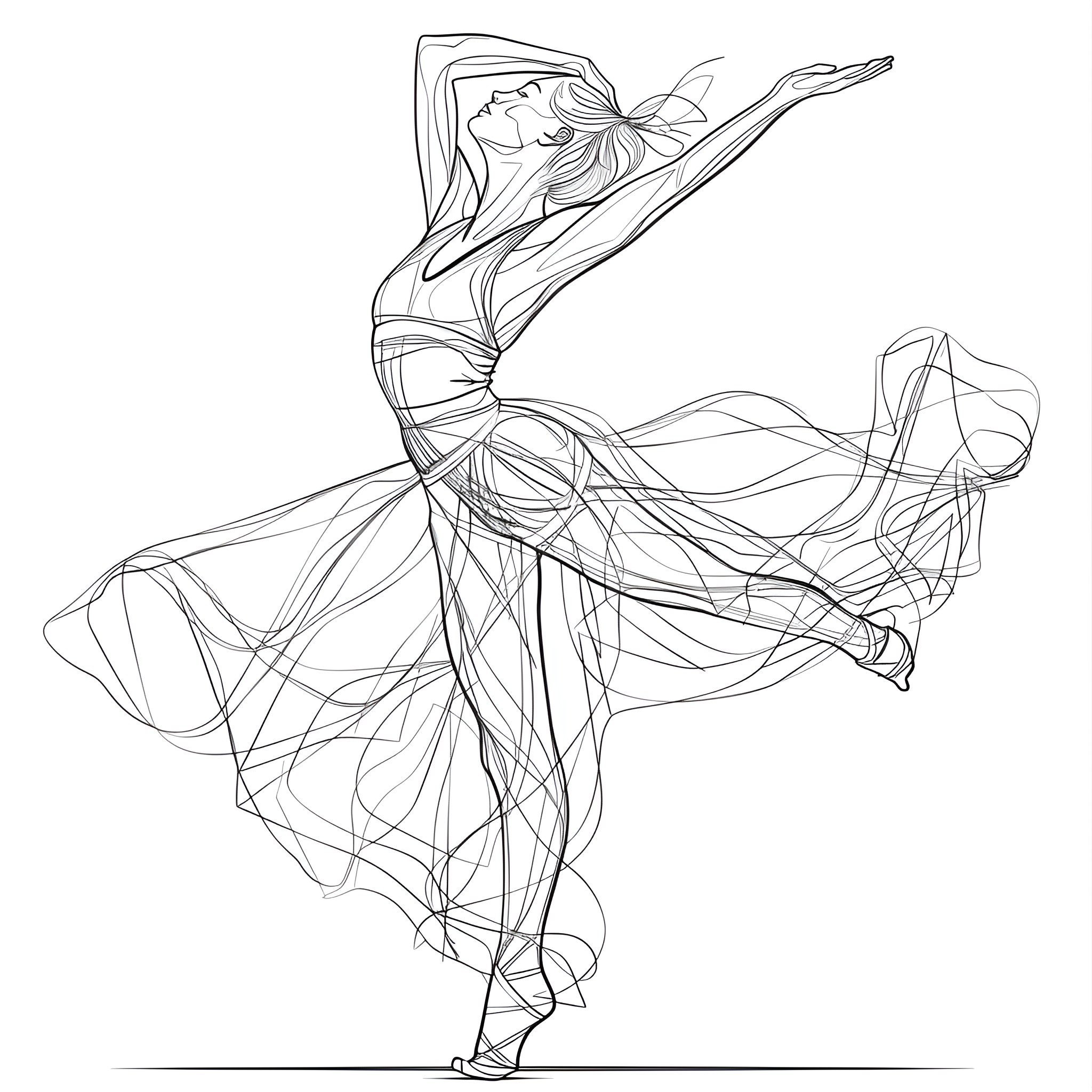 Aesthetic Dancer in Flowing Robes Coloring Page (free black-and-white line drawing printable PDF for all, from beginners to advanced learners, including children, teens, adults, and seniors)