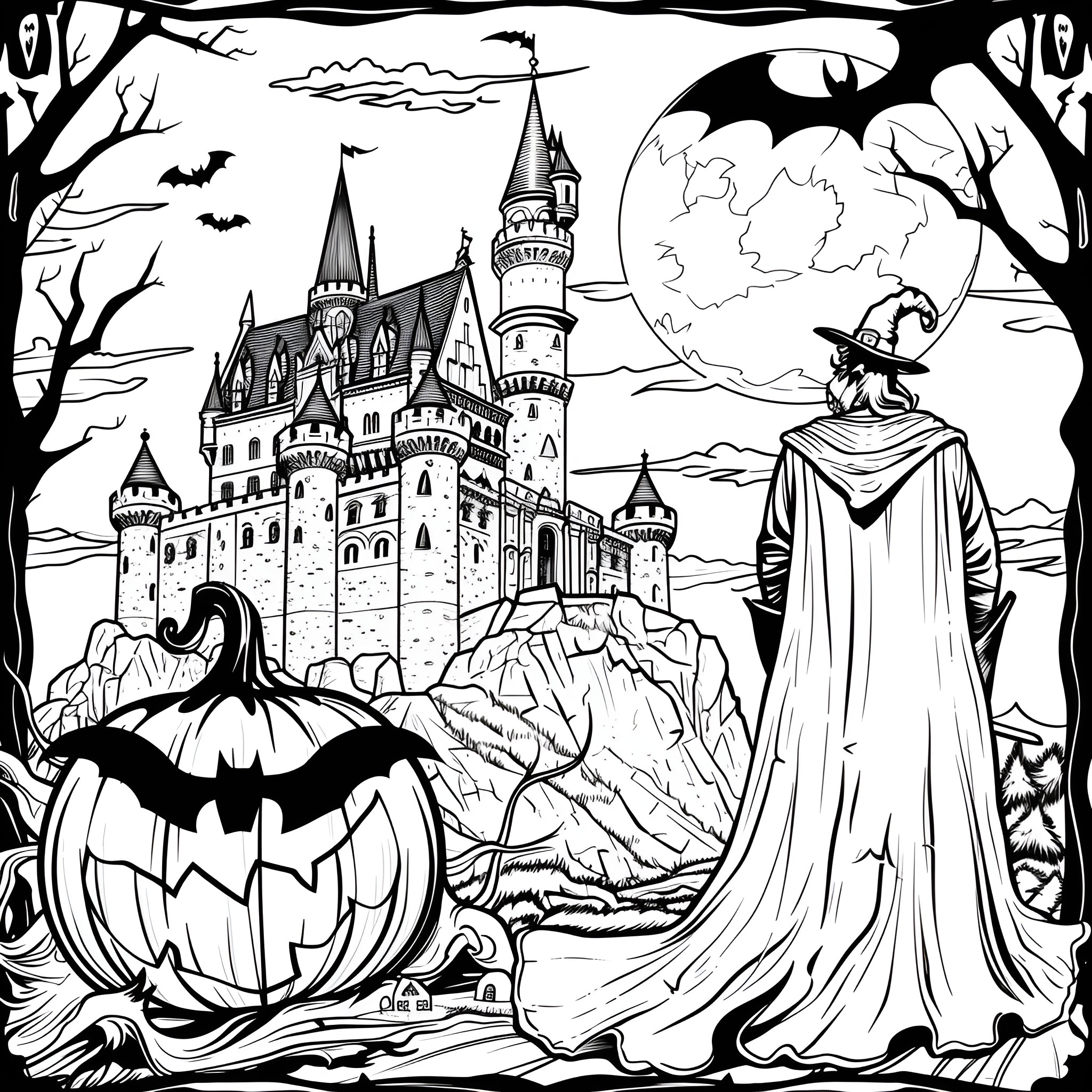 Halloween Castle and Witch Scene Coloring Page (free black-and-white line drawing printable PDF for all, from beginners to advanced learners, including children, teens, adults, and seniors)